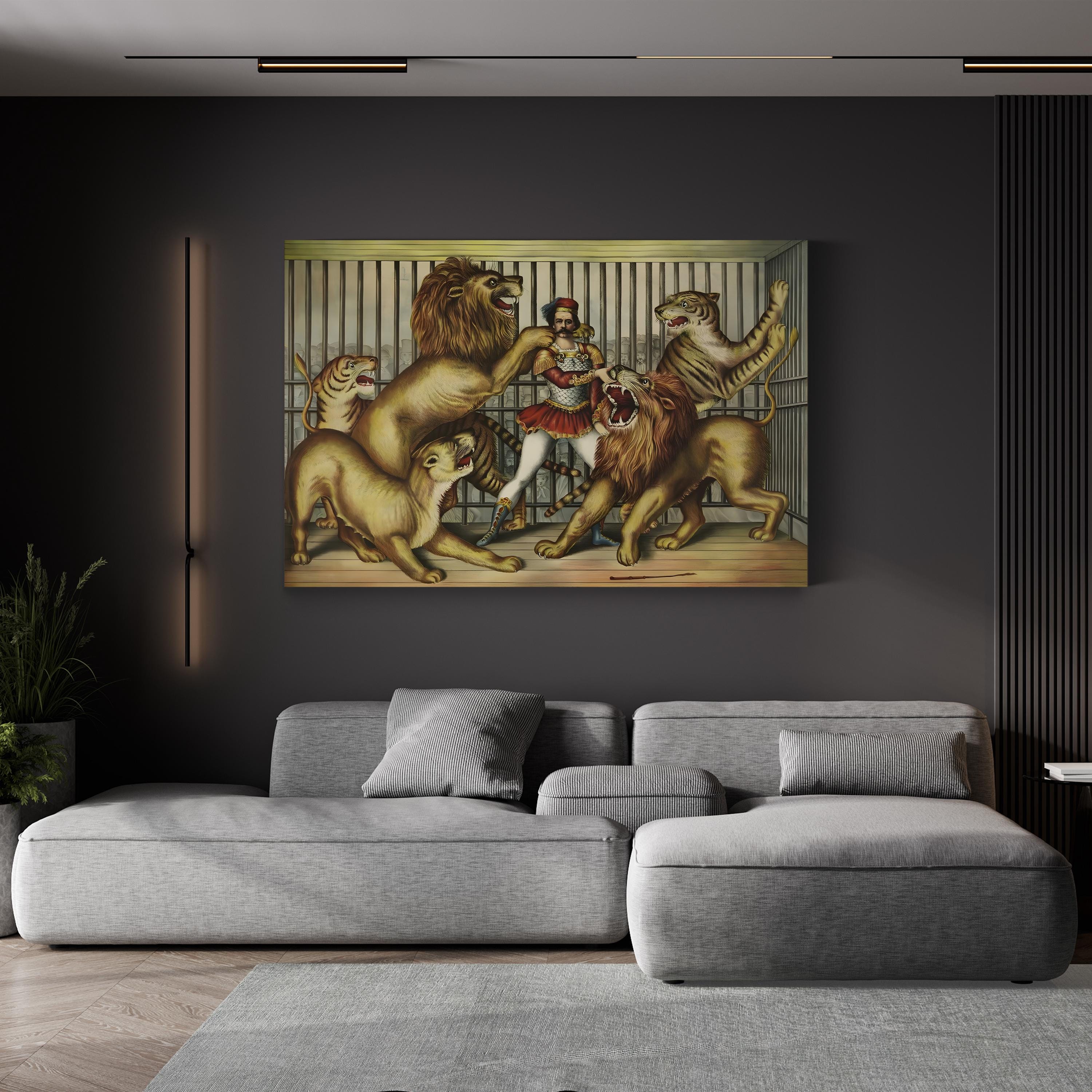 Lion Tamer in Cage with Lions and Tigers – Vintage Circus Illustration Canvas Wall Art