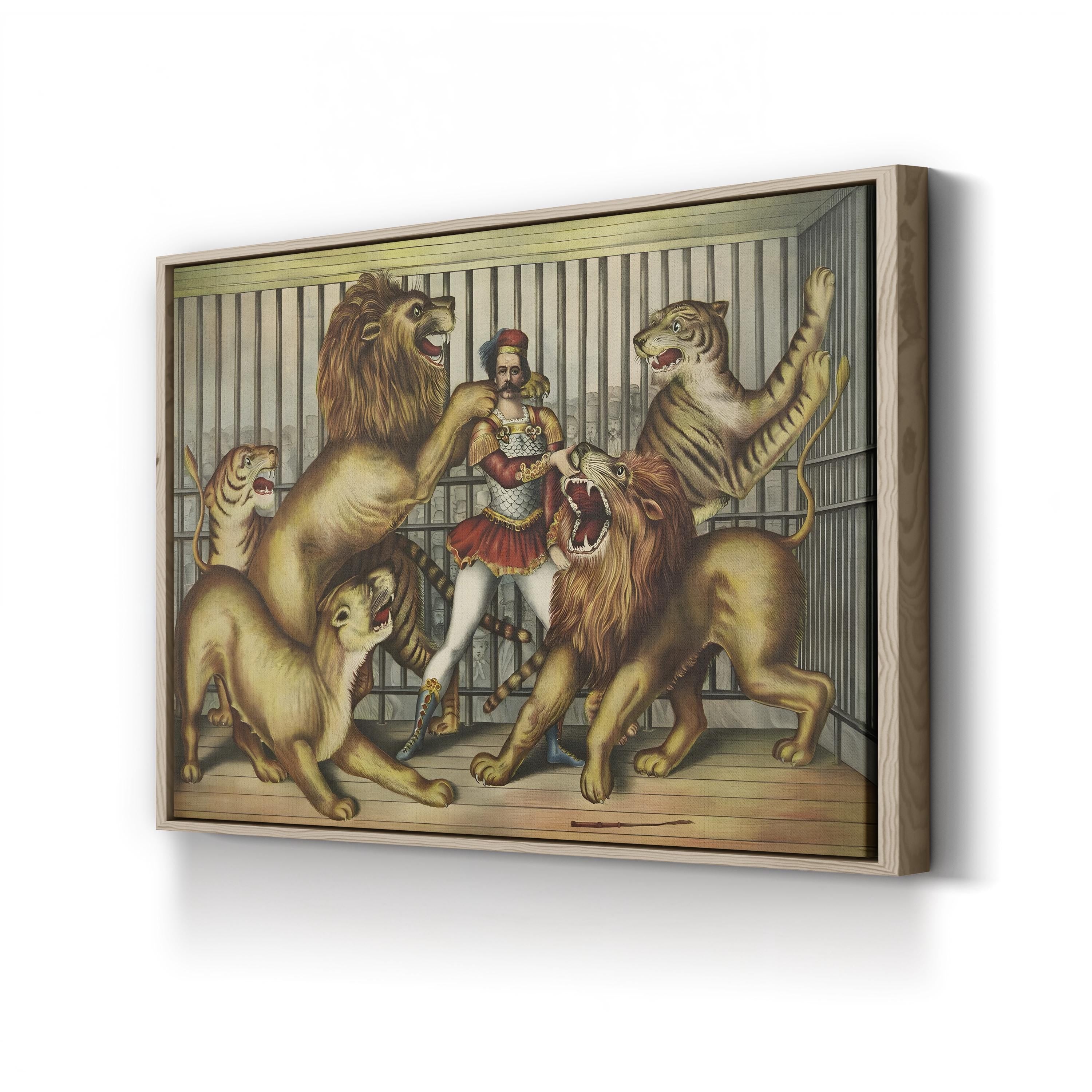 Lion Tamer in Cage with Lions and Tigers – Vintage Circus Illustration Canvas Wall Art