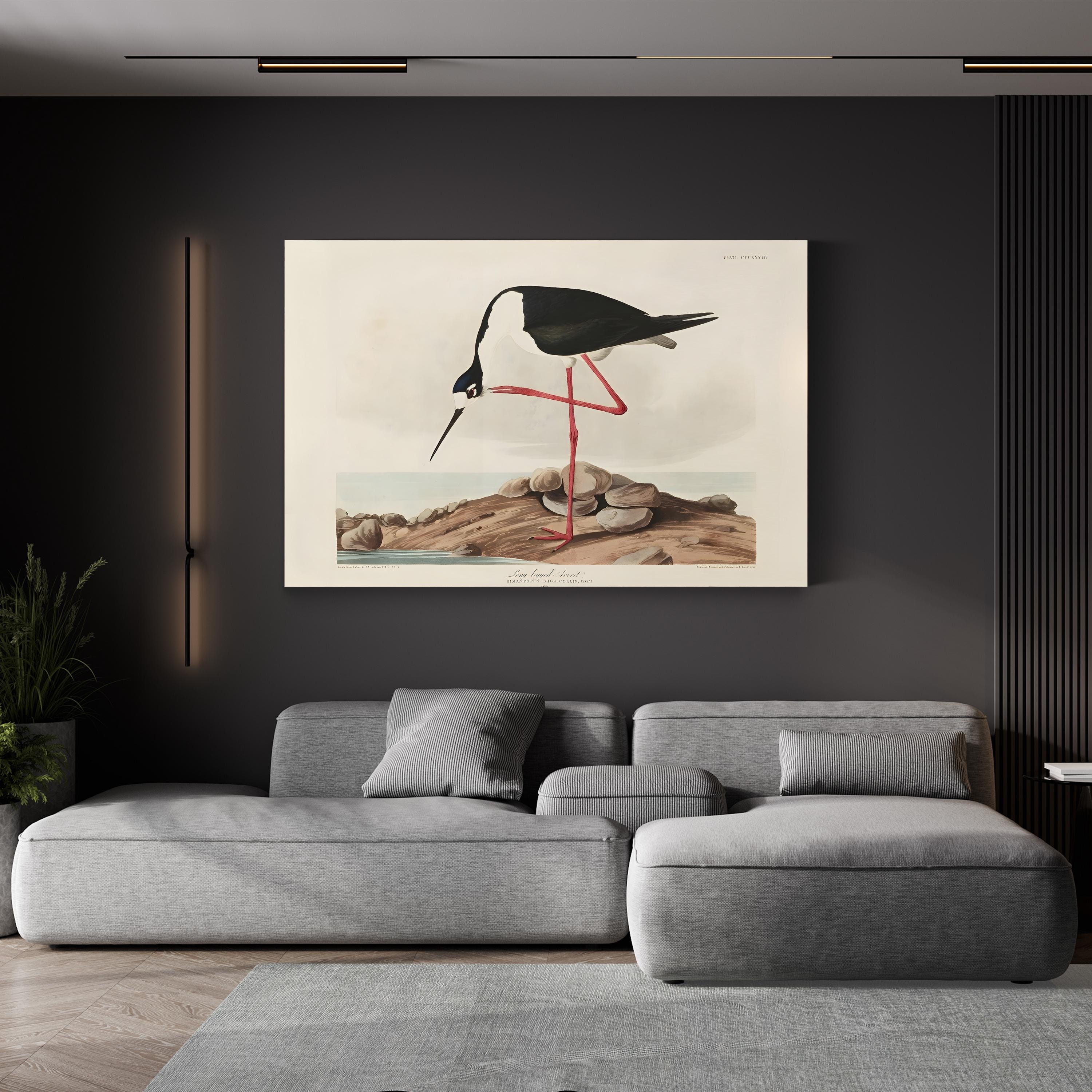 Gray sectional sofa in a modern living room with a framed artwork of a long-legged avocet bird on a rock.