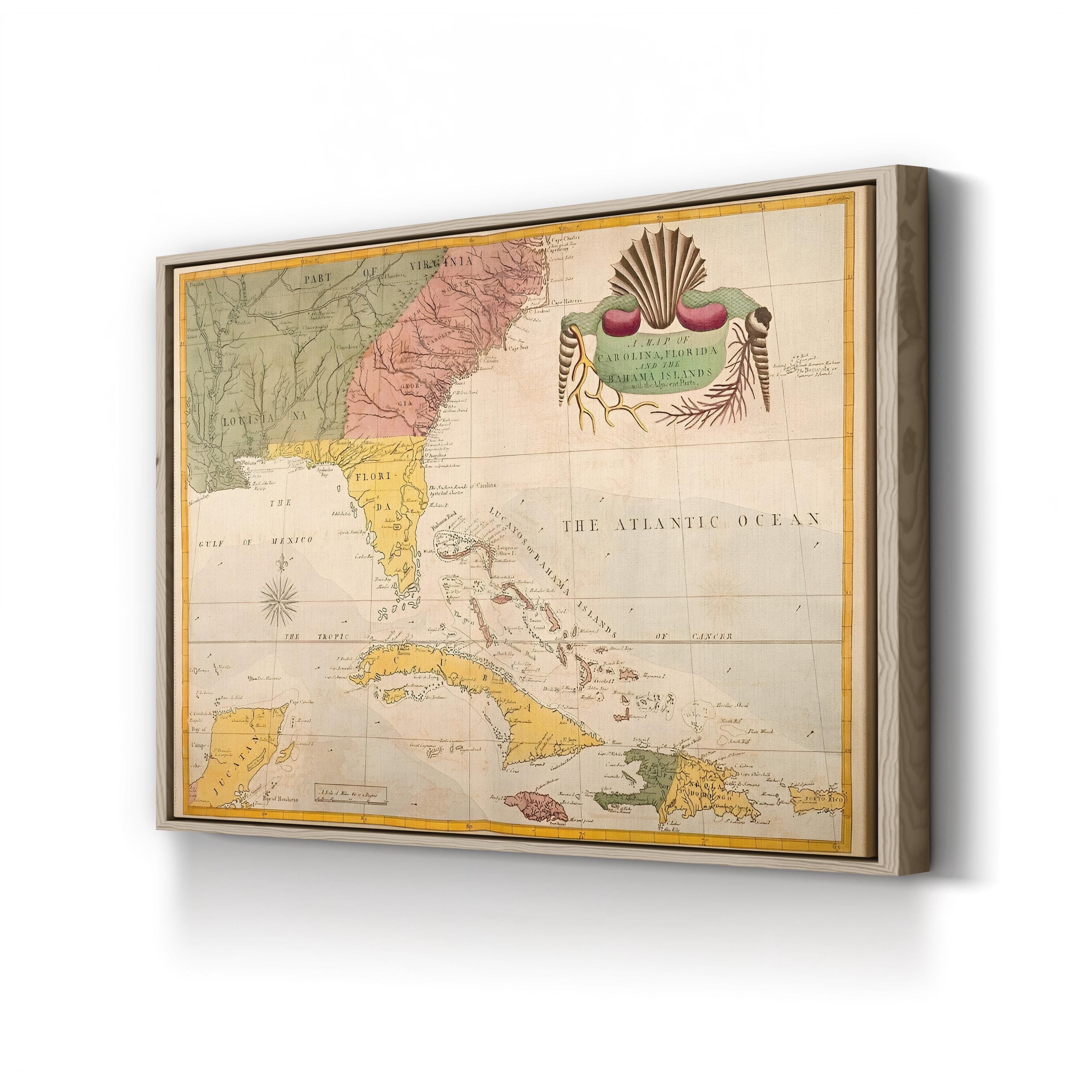 Carolina, Florida & Bahamas Map – Period Illustration Wall Art | Nautical Cartography Canvas Print
