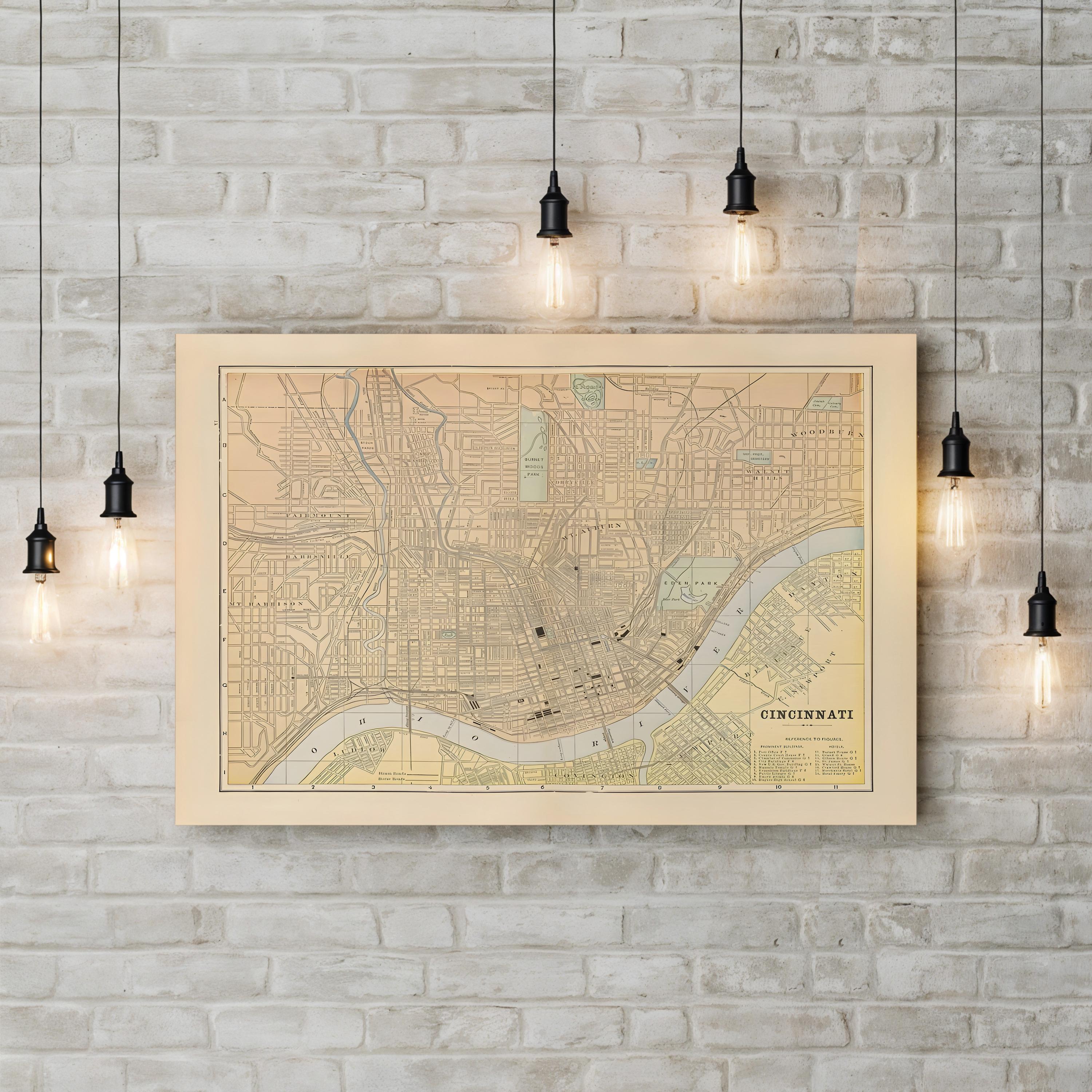 Historic City Vintage Cincinnati, Ohio Map Print Canvas Art
