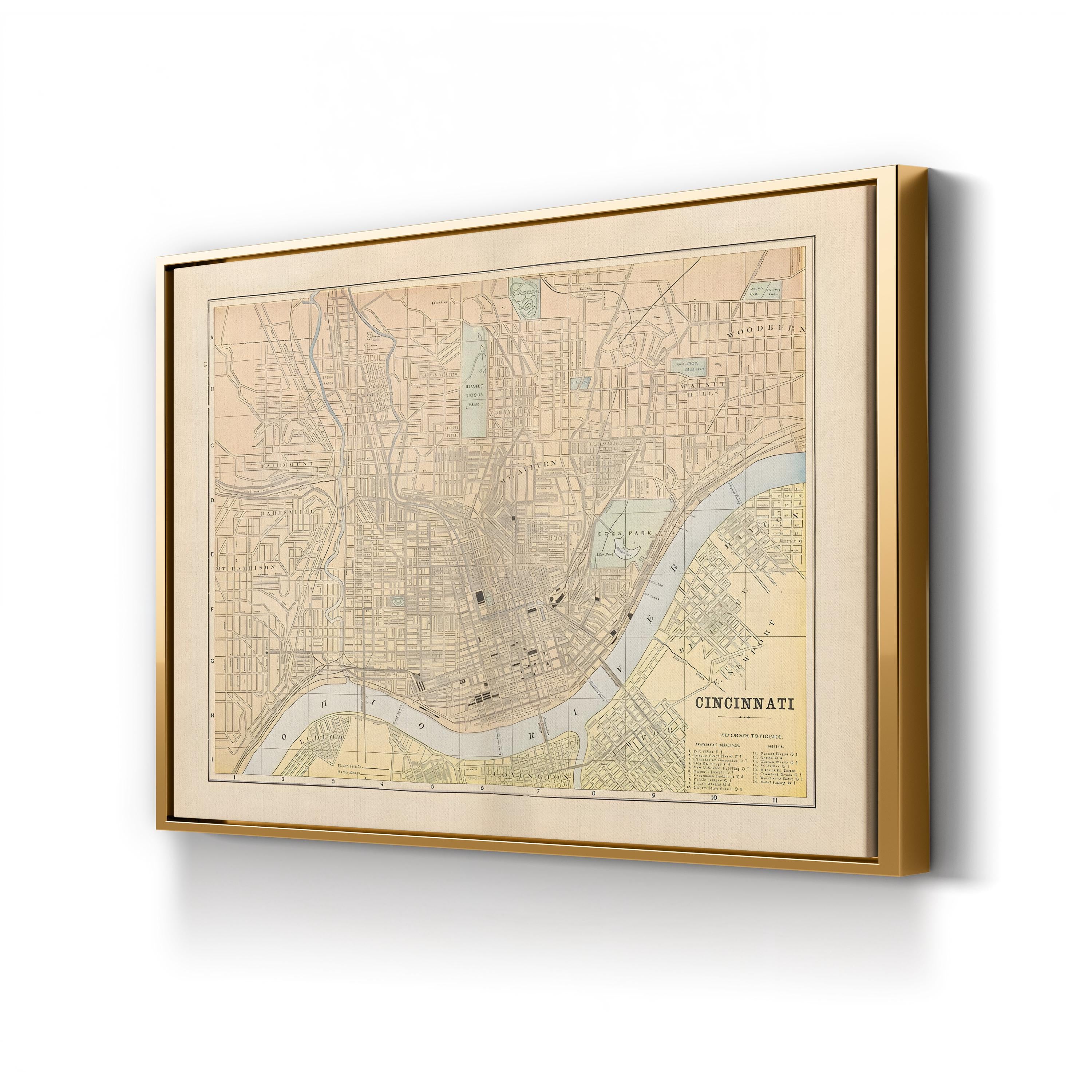 Historic City Vintage Cincinnati, Ohio Map Print Canvas Art