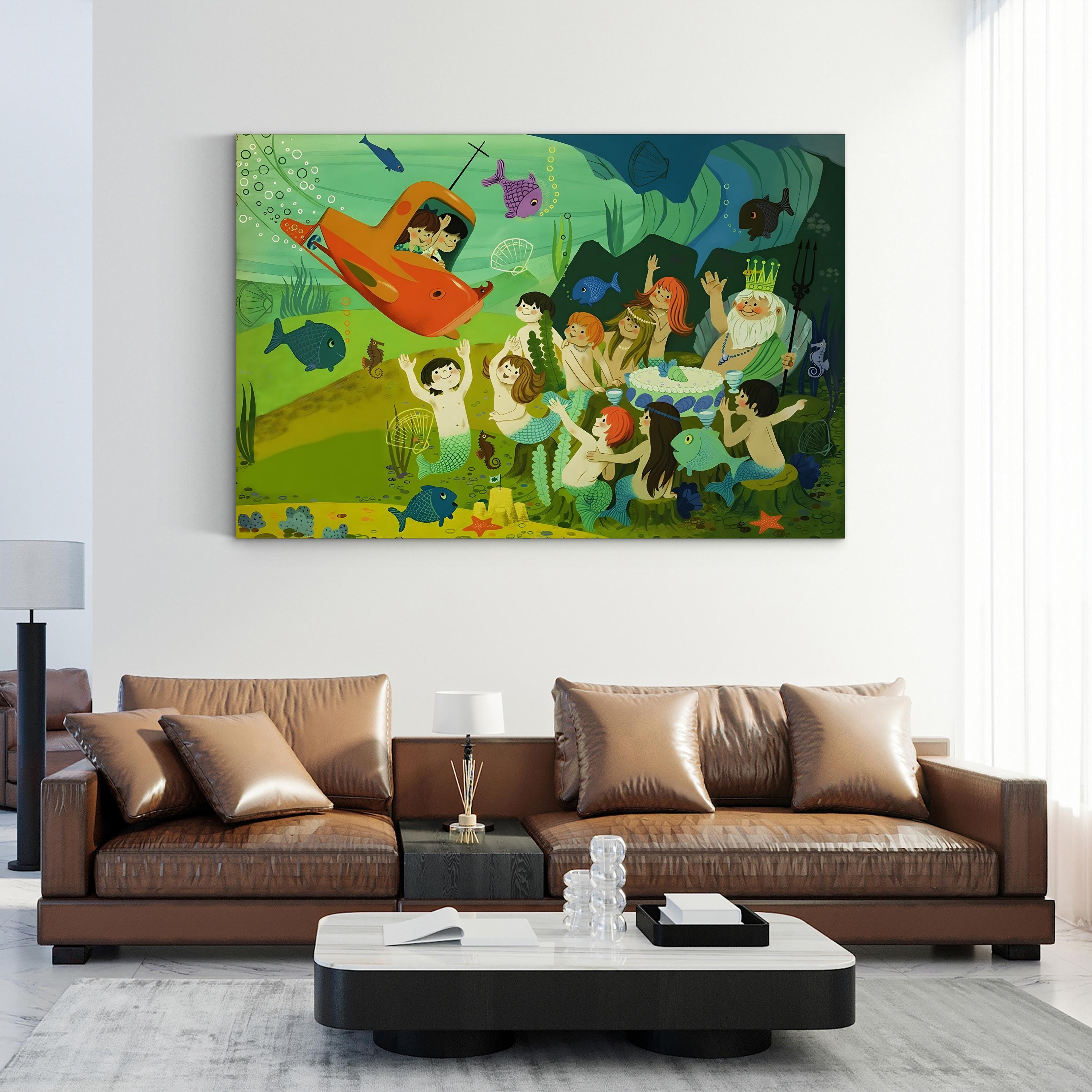 Submarine & Mermaids Fairy Tale – Period Illustration Wall Art | Whimsical Nursery Canvas Print