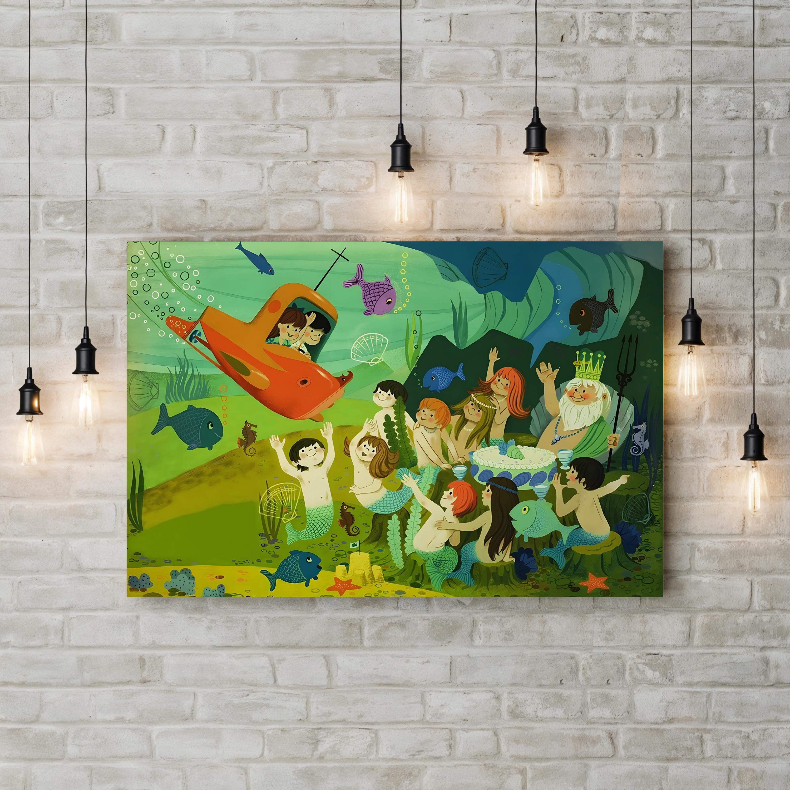 Submarine & Mermaids Fairy Tale – Period Illustration Wall Art | Whimsical Nursery Canvas Print