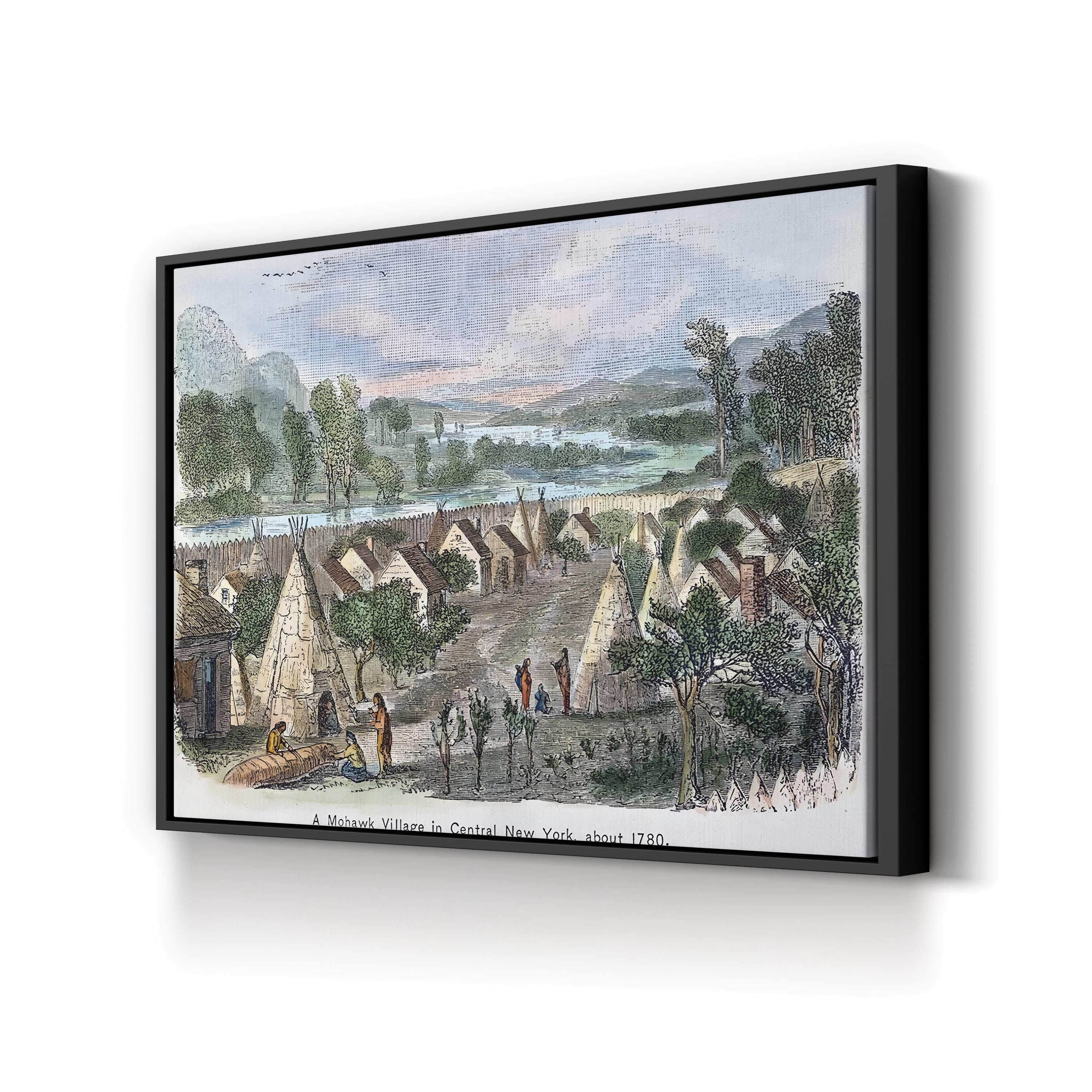 Mohawk Village 1780 – Period Illustration Wall Art | Native American Engraving Canvas Print
