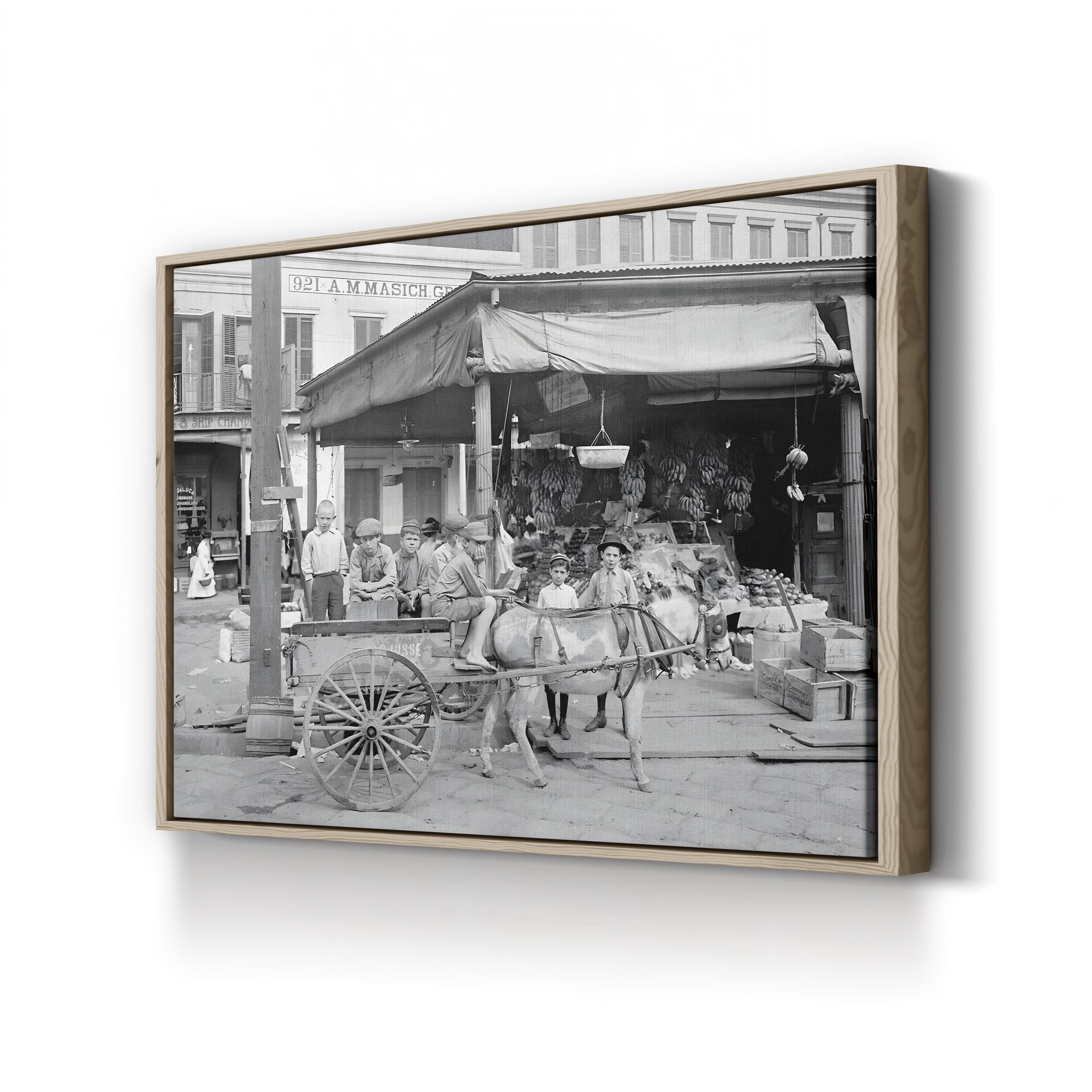 New Orleans French Market Scene canvas print in a natural wood frame