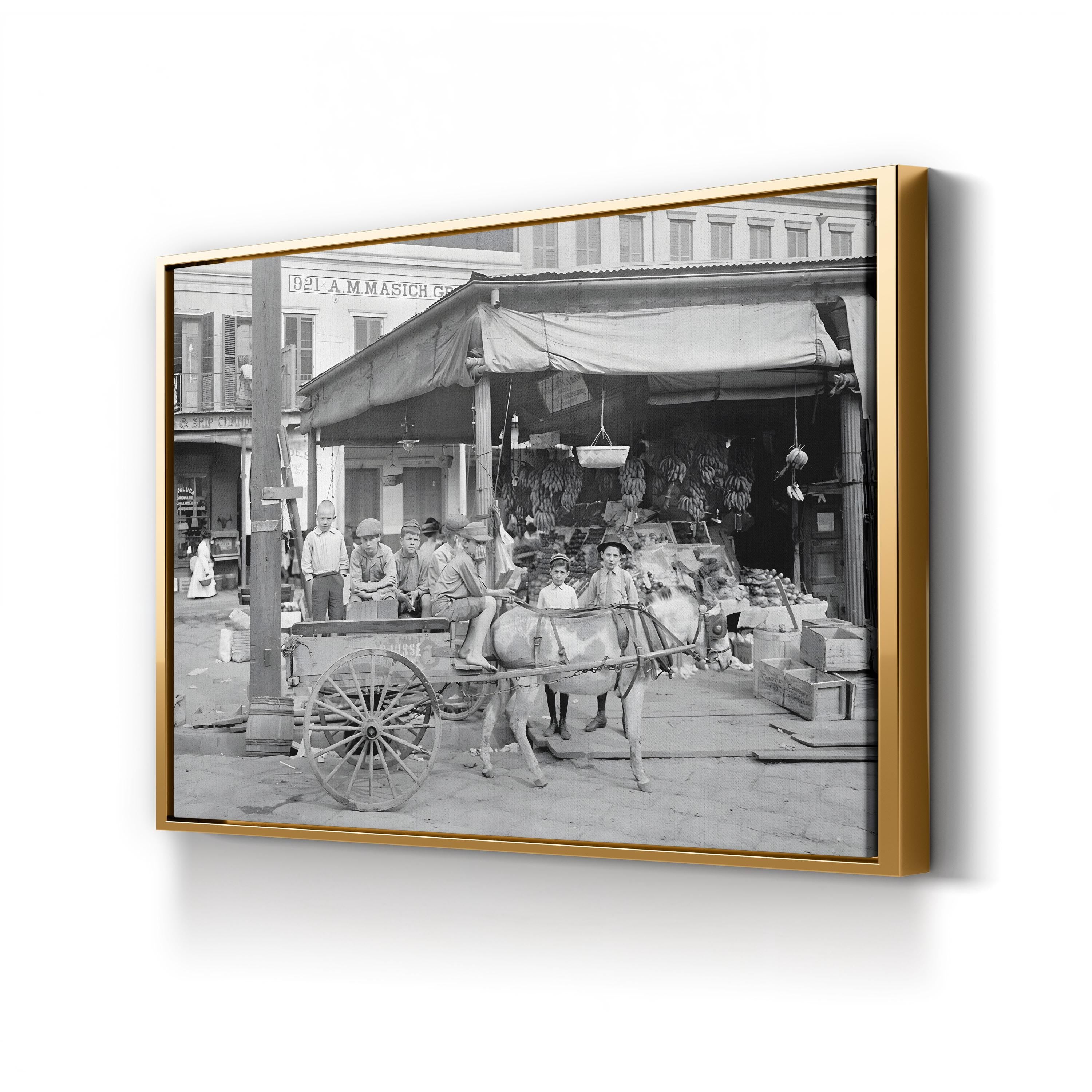 New Orleans French Market Scene canvas print in an oak frame