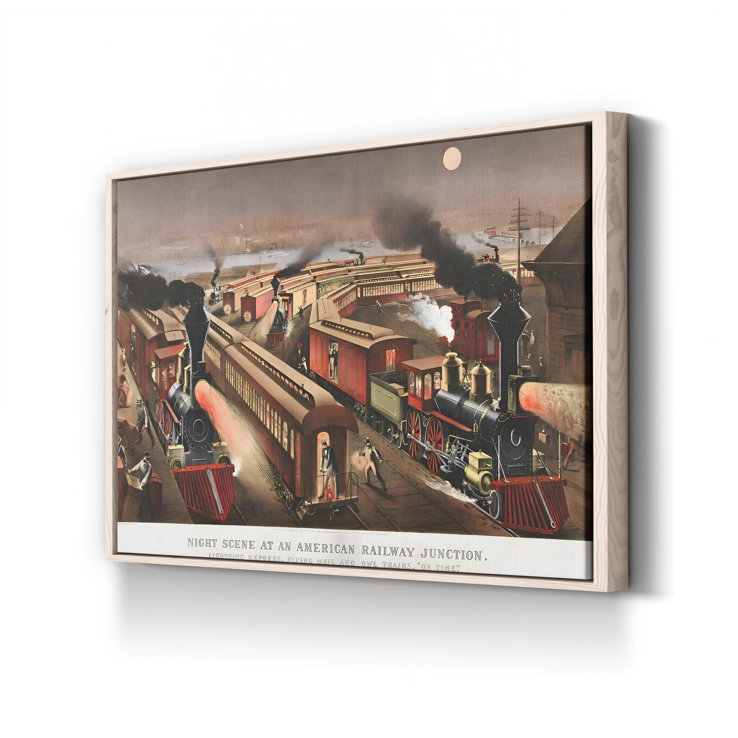 Night Scene at a Railway Junction, 1876 – Currier & Ives Wall Art | Steam Locomotive Canvas Print