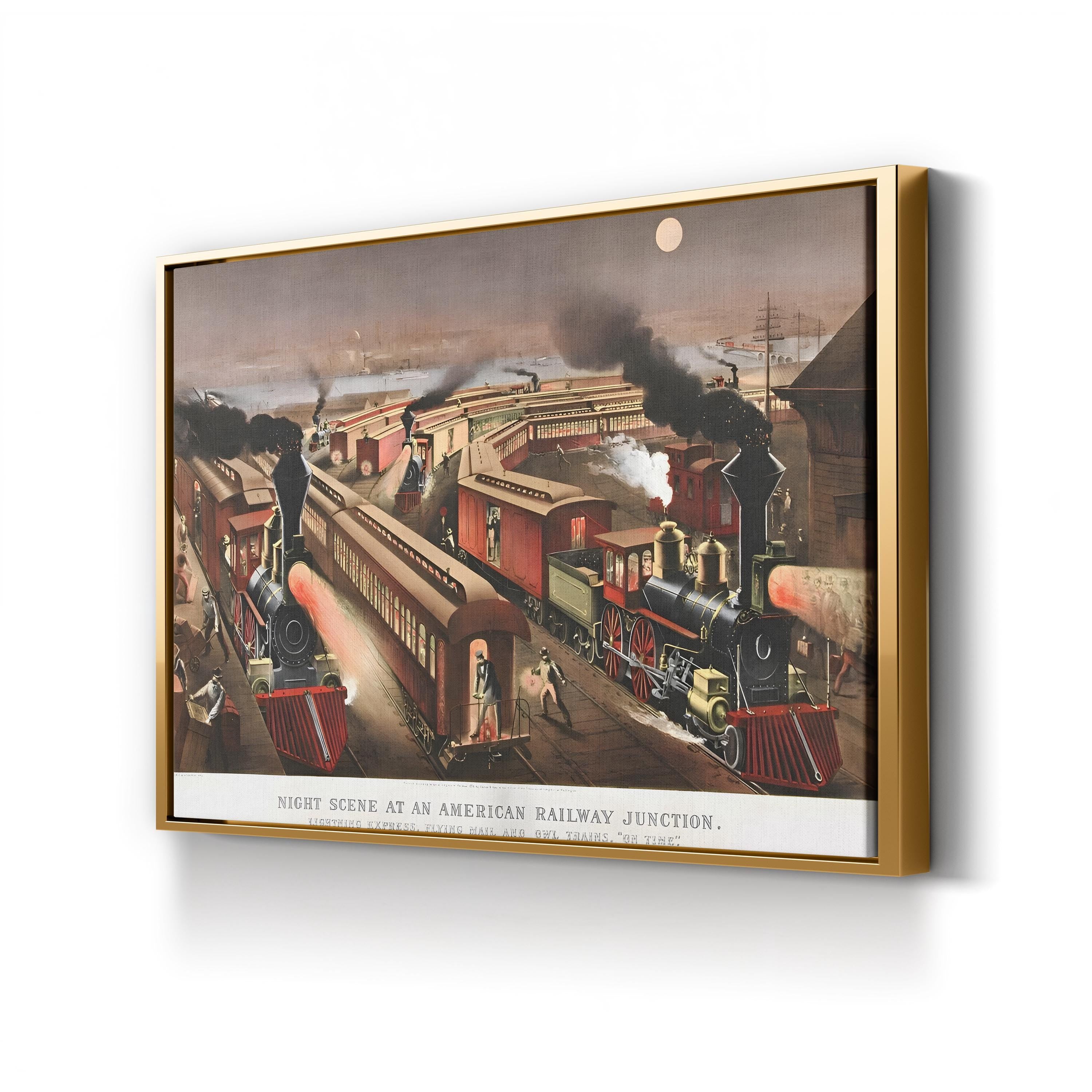 Night Scene at a Railway Junction, 1876 – Currier & Ives Wall Art | Steam Locomotive Canvas Print