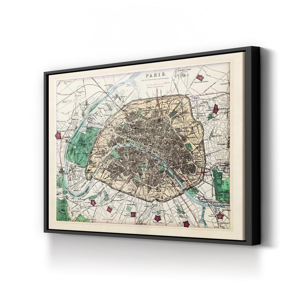 Antique Paris City Map with Fortifications by Adam Shaw canvas print in Black Framed Canvas