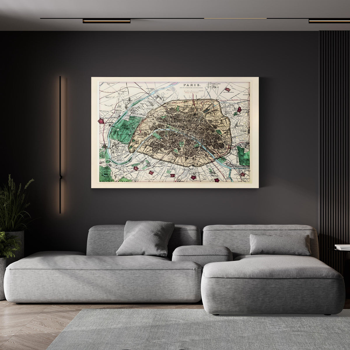Antique Paris City Map with Fortifications by Adam Shaw canvas print displayed in a modern living room