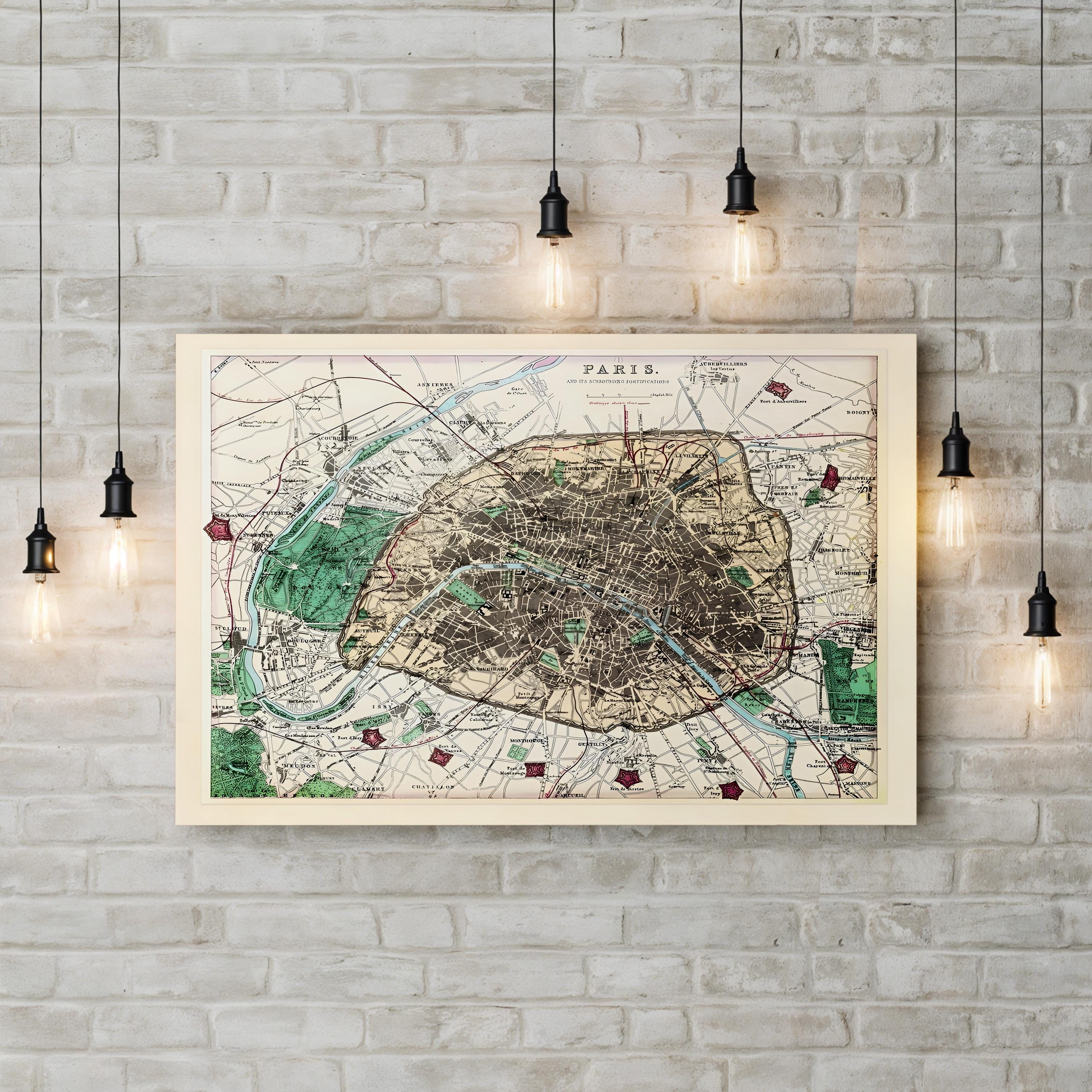 Framed map of Paris on a brick wall with pendant lights.