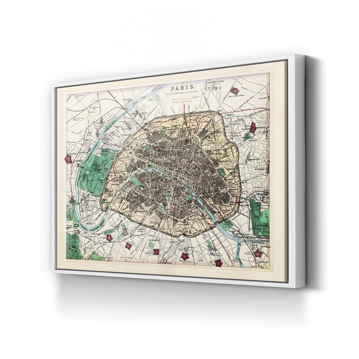 Antique Paris City Map with Fortifications by Adam Shaw canvas print in a white frame