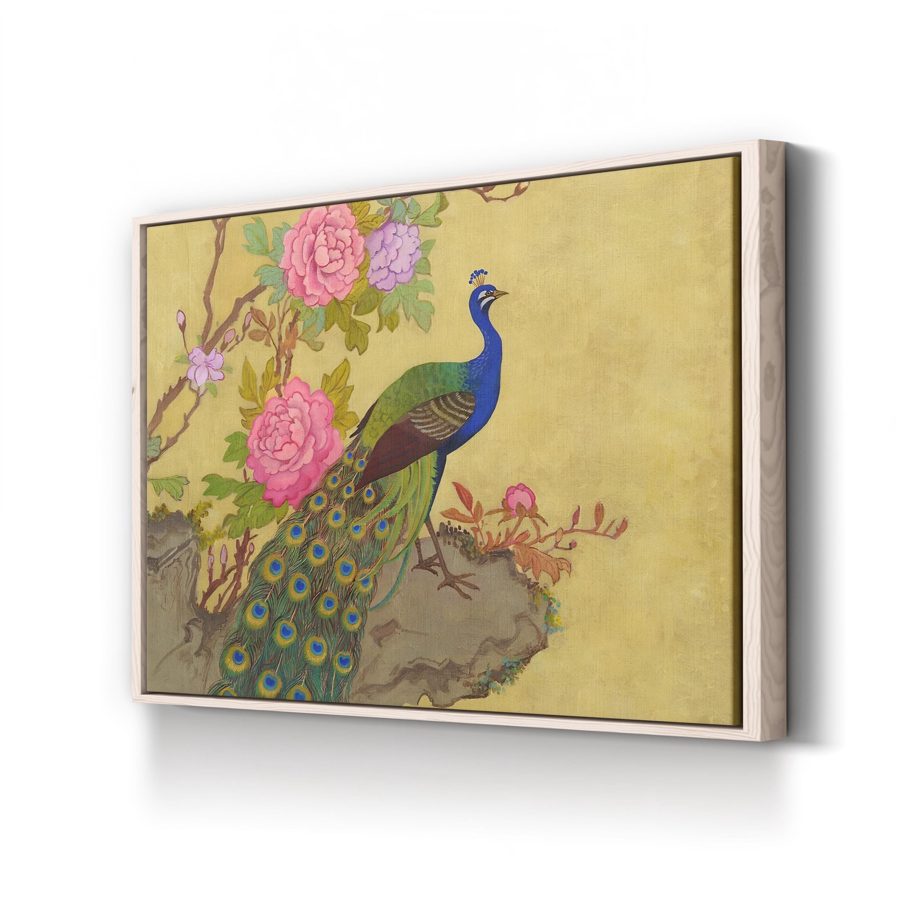 Peacock and Peonies Wall Art by Adam Guan – Chinese Style Floral Wildlife Painting