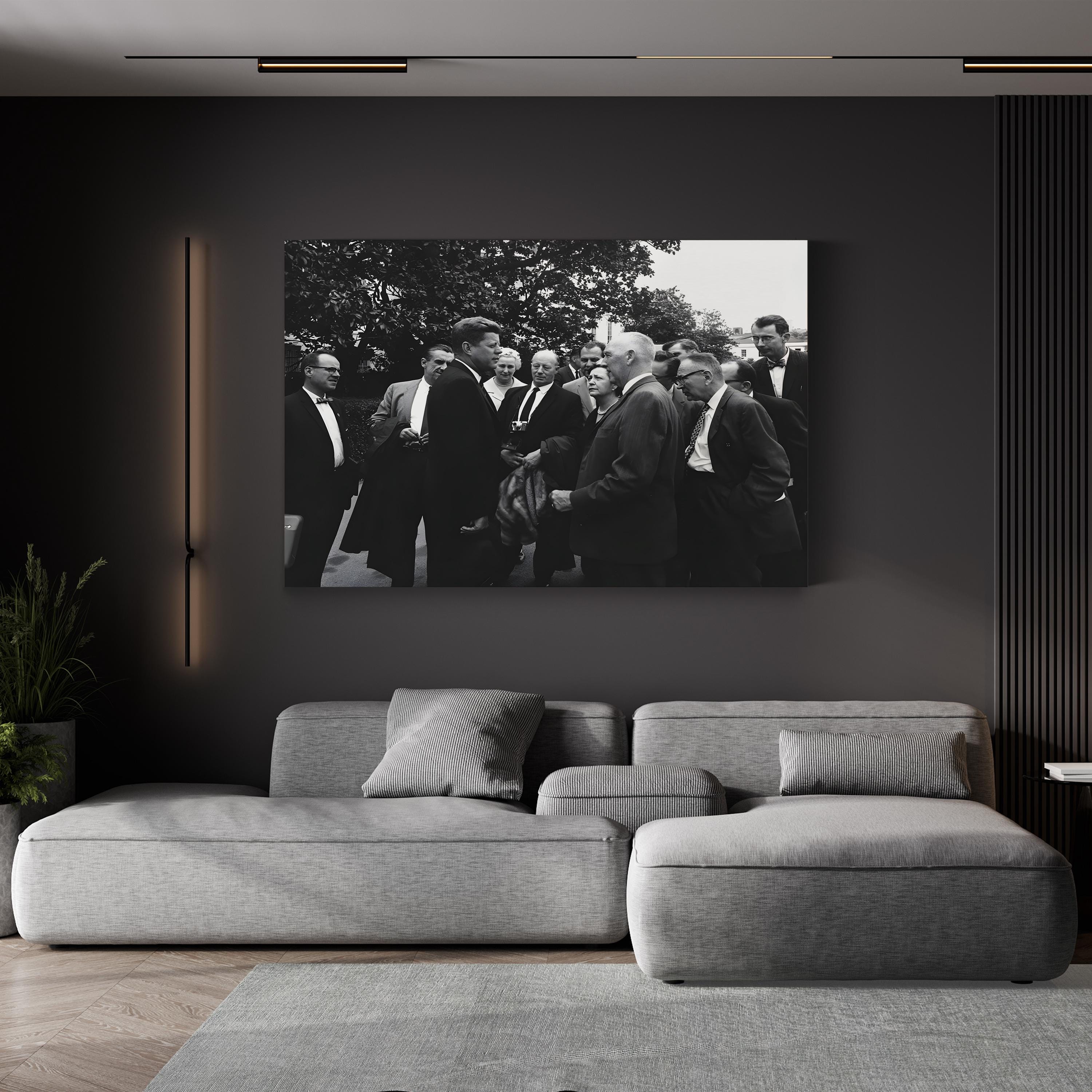 President John F. Kennedy with Reporters – Vintage Photography Wall Art | Historic Political Canvas Print