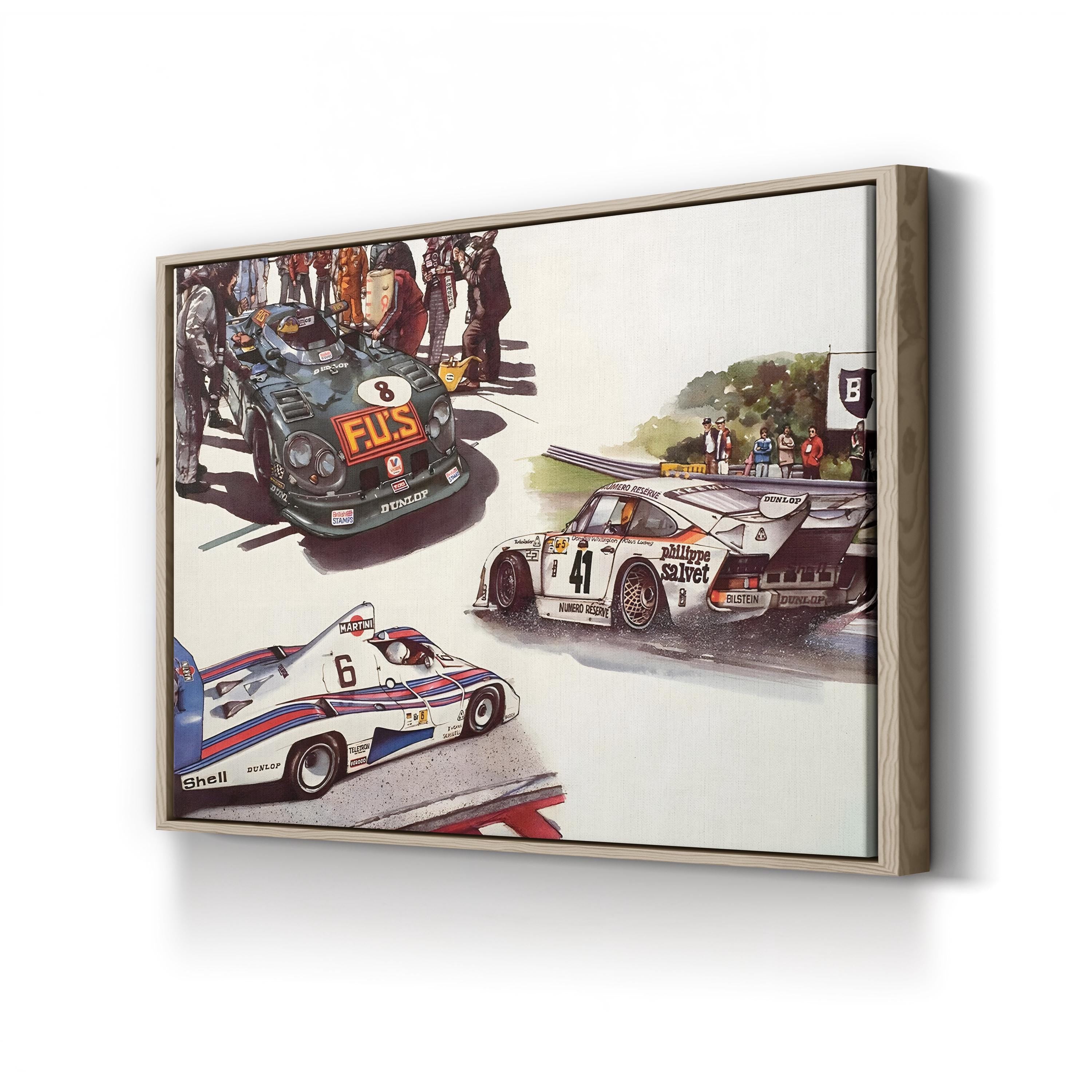 Vintage Racing Cars Illustration canvas print in oak frame