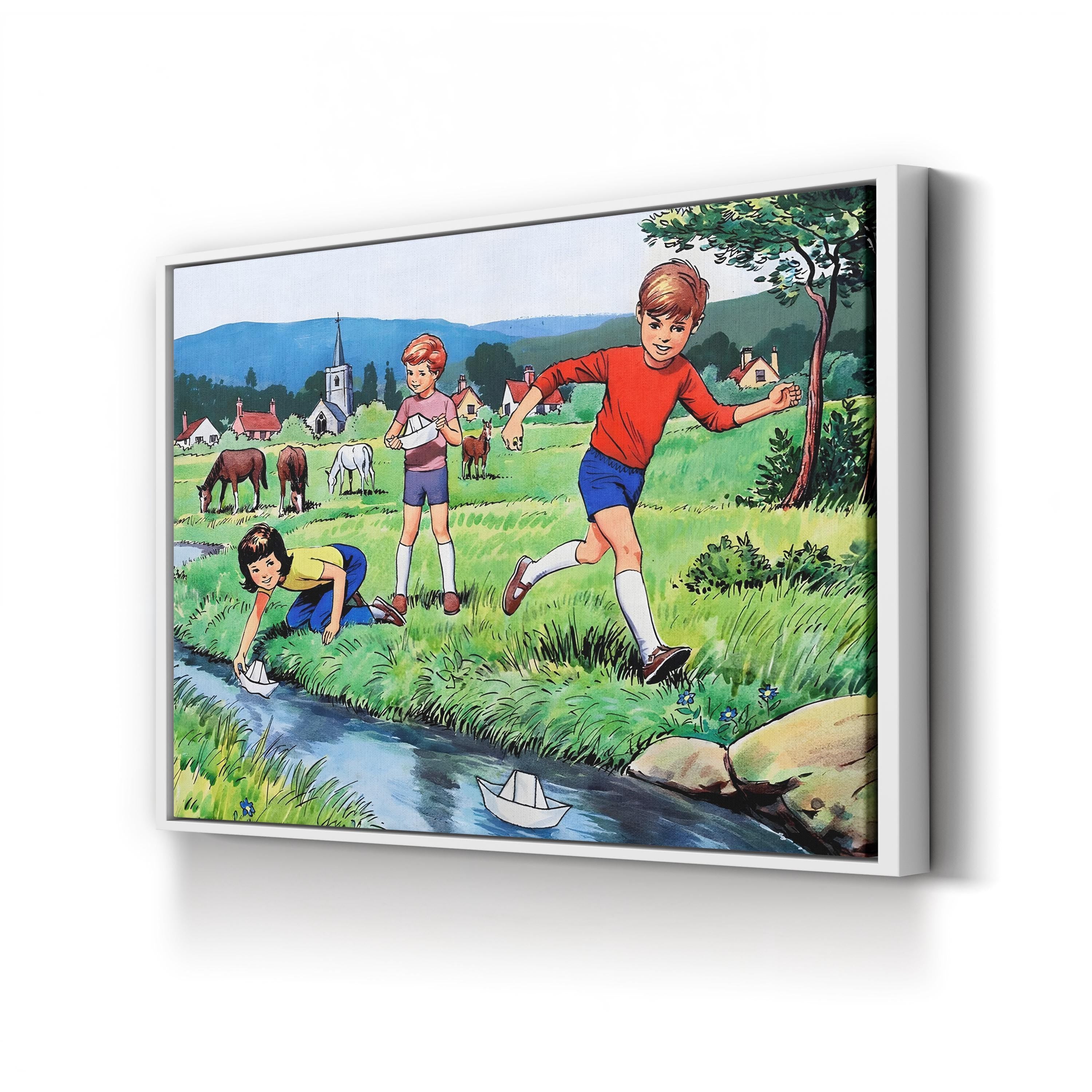 Vintage Children Playing with Sailing Paper Boats canvas print in white frame