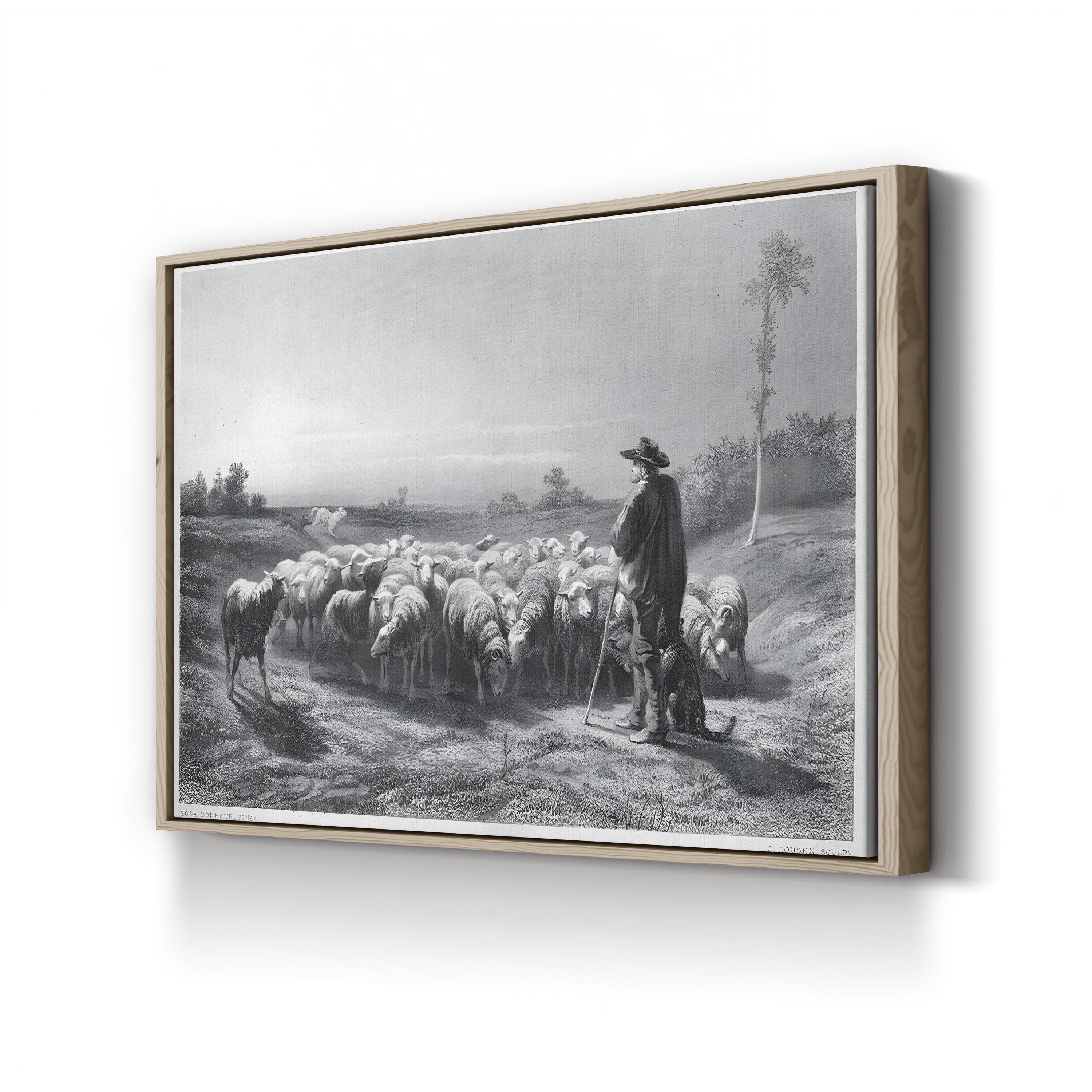Shepherd with Sheep – Period Illustration Wall Art | 19th-Century Pastoral Canvas Print