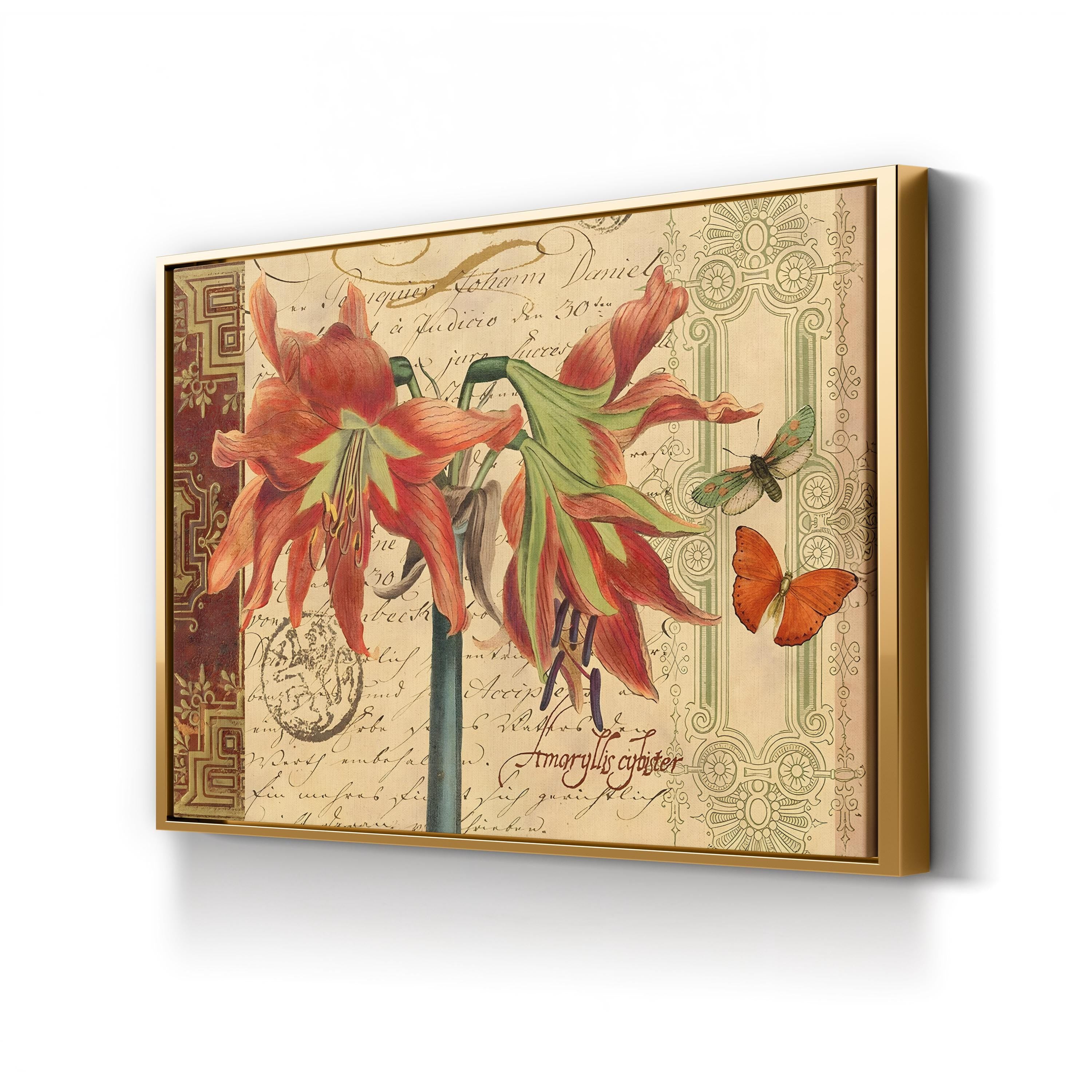 Sienna Amaryllis Wall Art by Studio Voltaire – Vintage Botanical Illustration with Butterflies