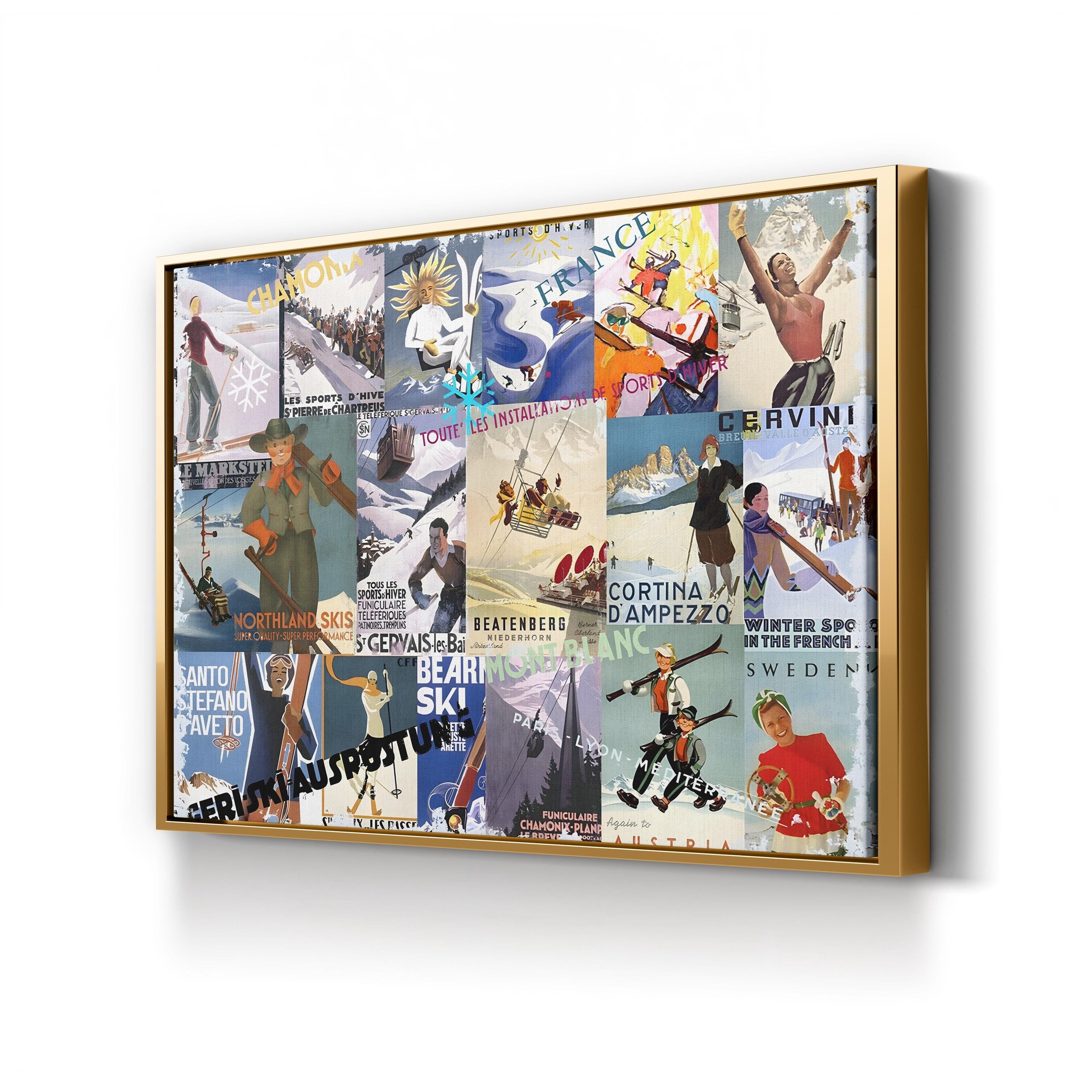 Vintage Ski Poster Collage – Period Illustration Wall Art | Retro Winter Sports Canvas Print