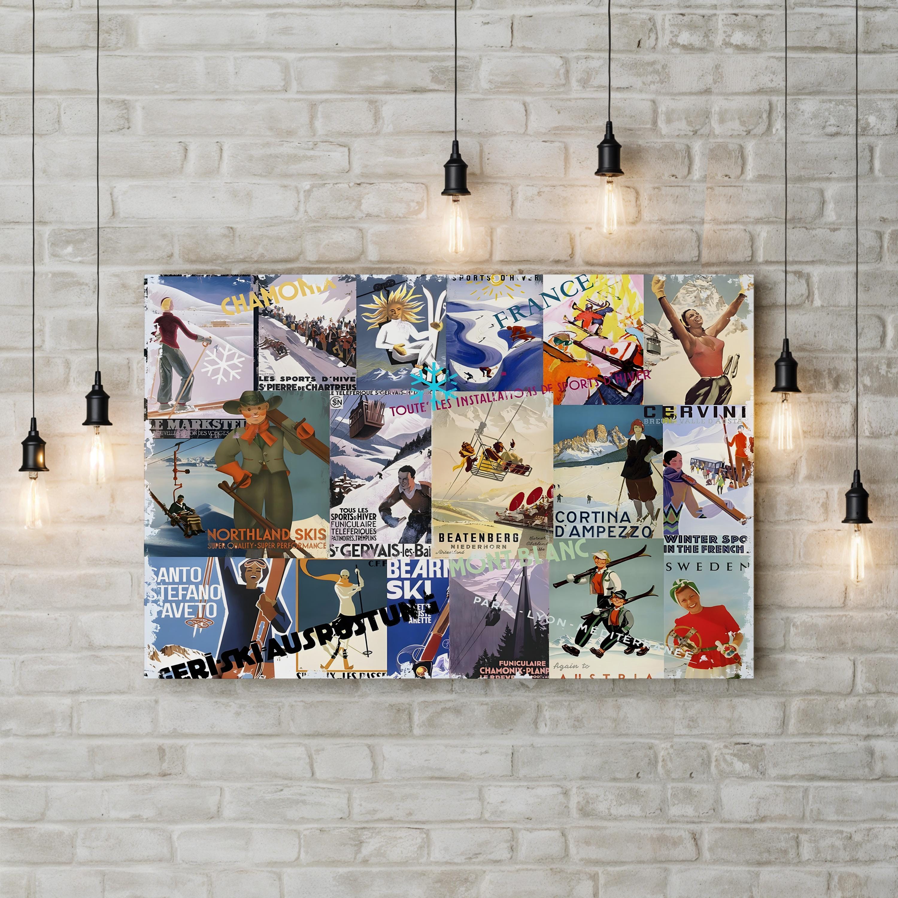 Vintage Ski Poster Collage – Period Illustration Wall Art | Retro Winter Sports Canvas Print