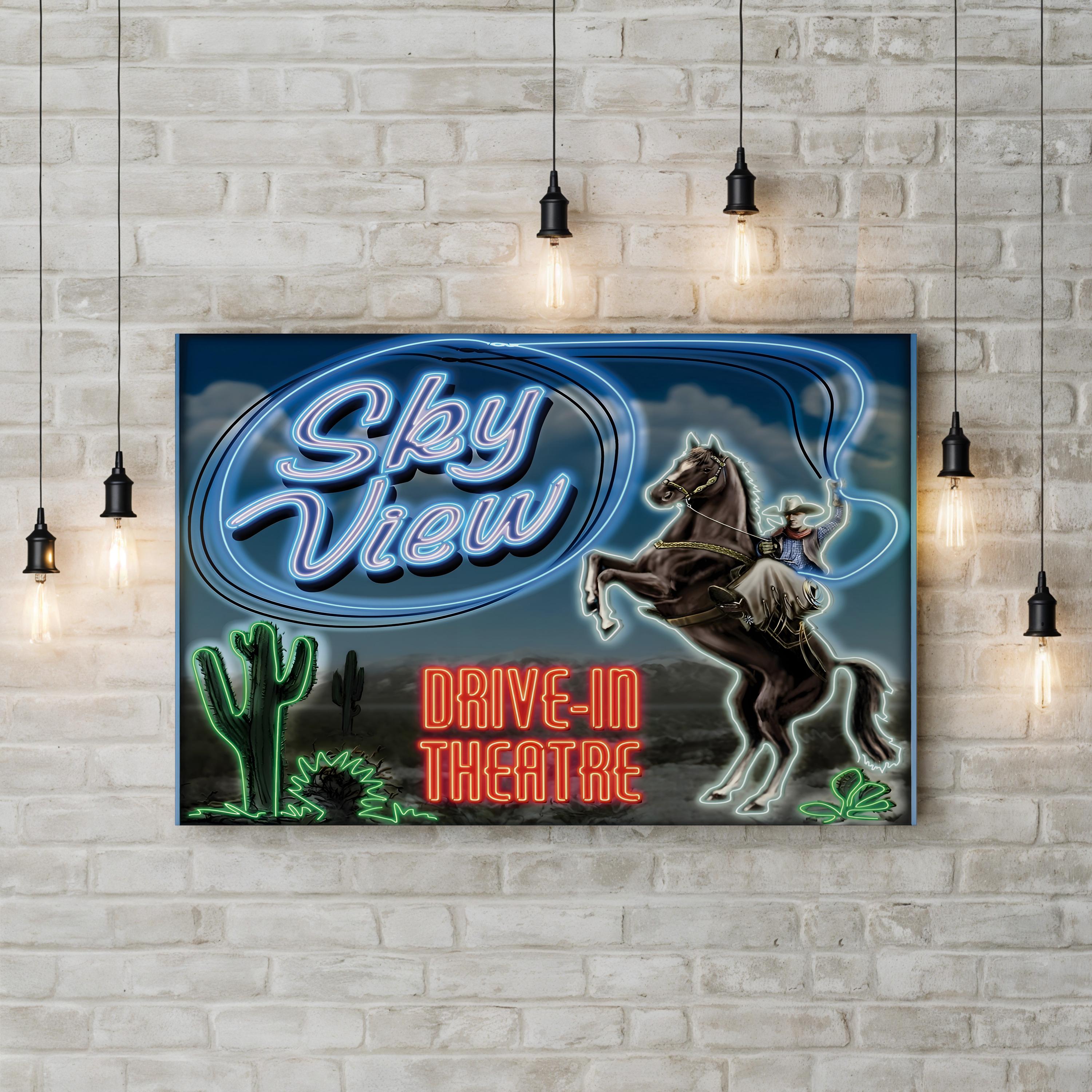 Sky View Drive-In Theater Canvas Art Print – Vintage Cowboy Neon Sign Wall Art