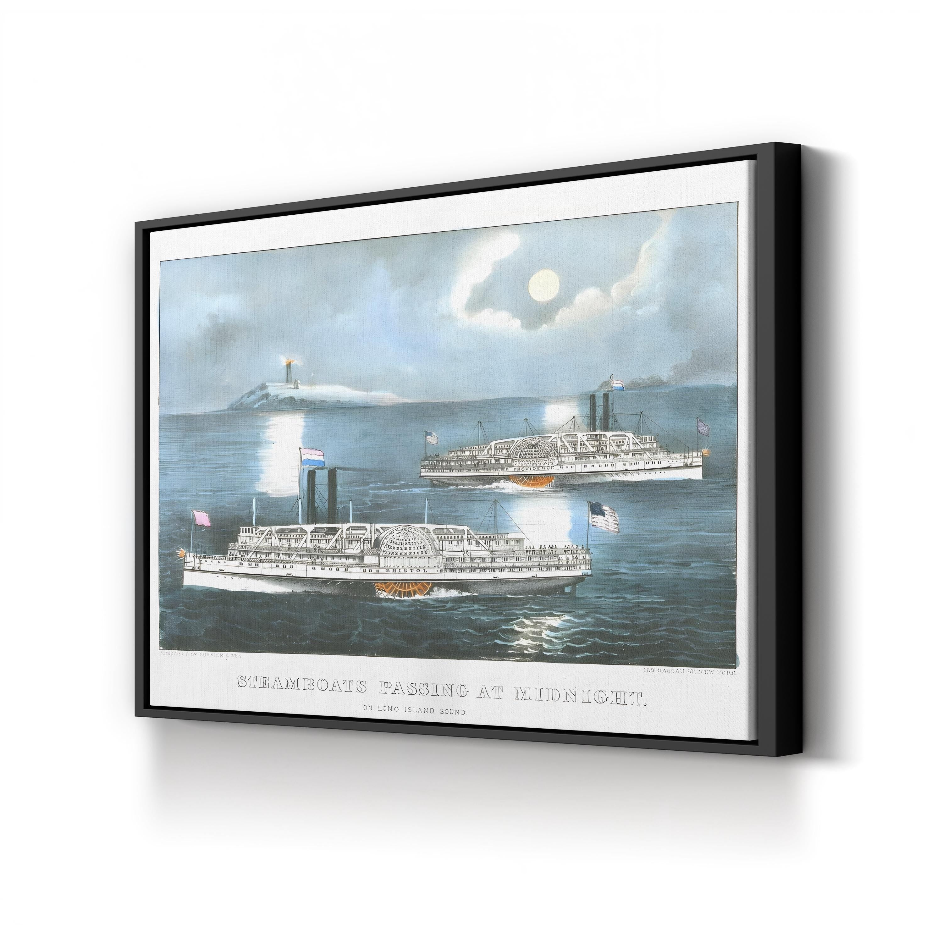 Steamboats on Long Island Sound – Period Illustration Wall Art | Nautical Night Canvas Print