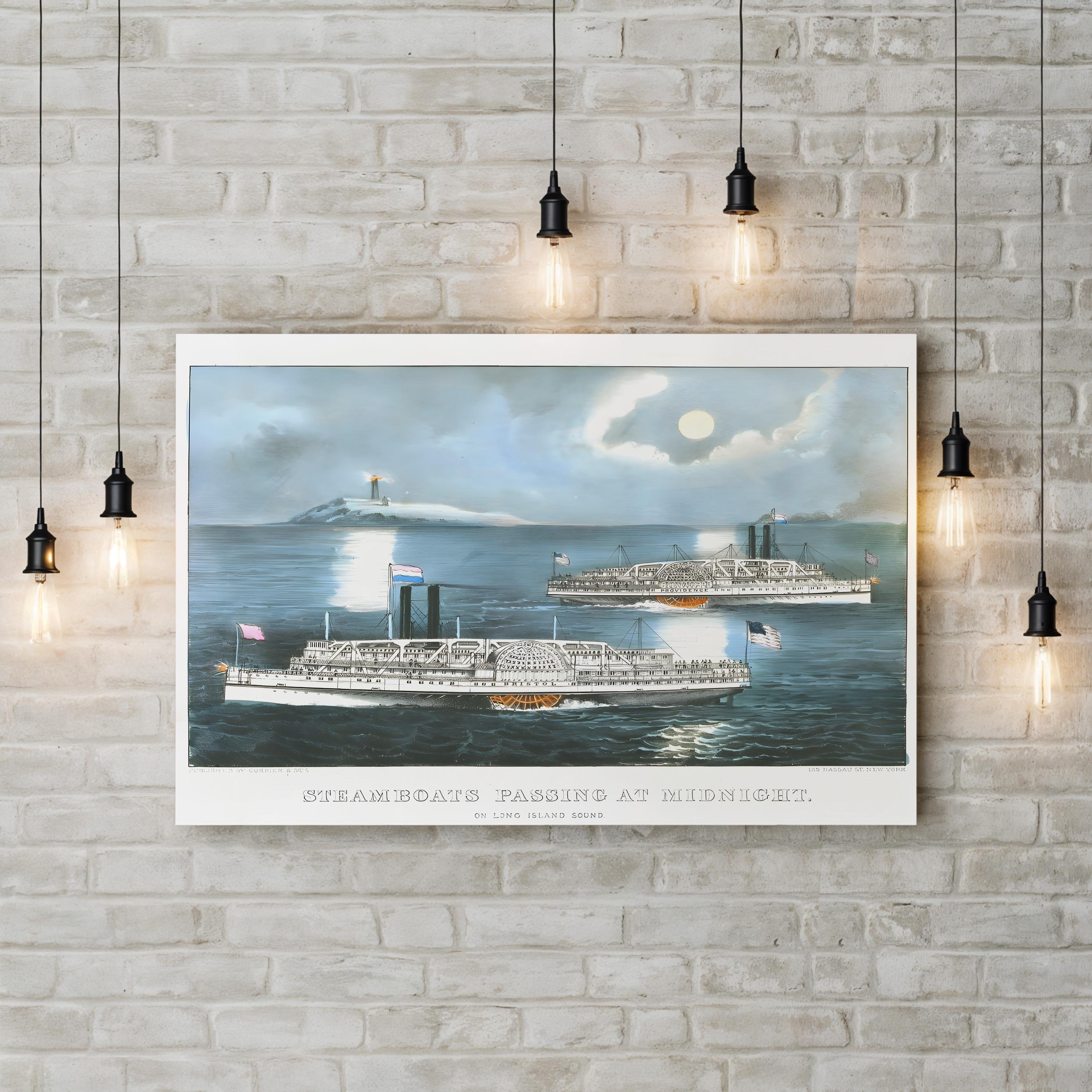 Steamboats on Long Island Sound – Period Illustration Wall Art | Nautical Night Canvas Print
