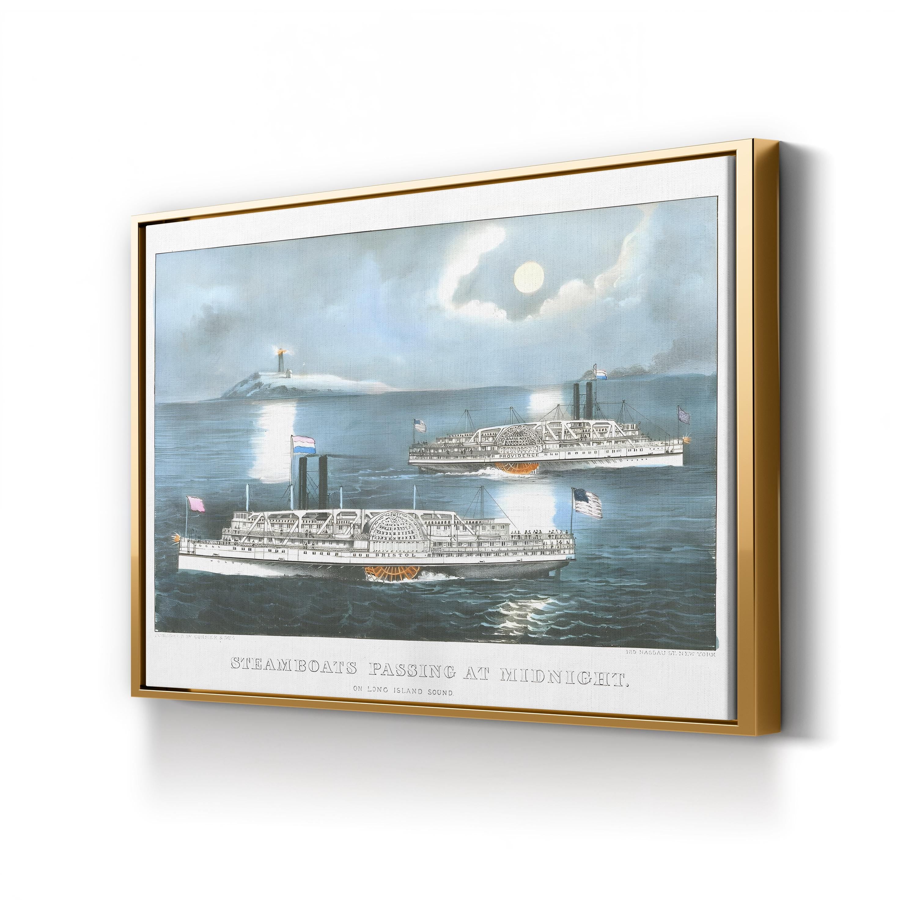 Steamboats on Long Island Sound – Period Illustration Wall Art | Nautical Night Canvas Print