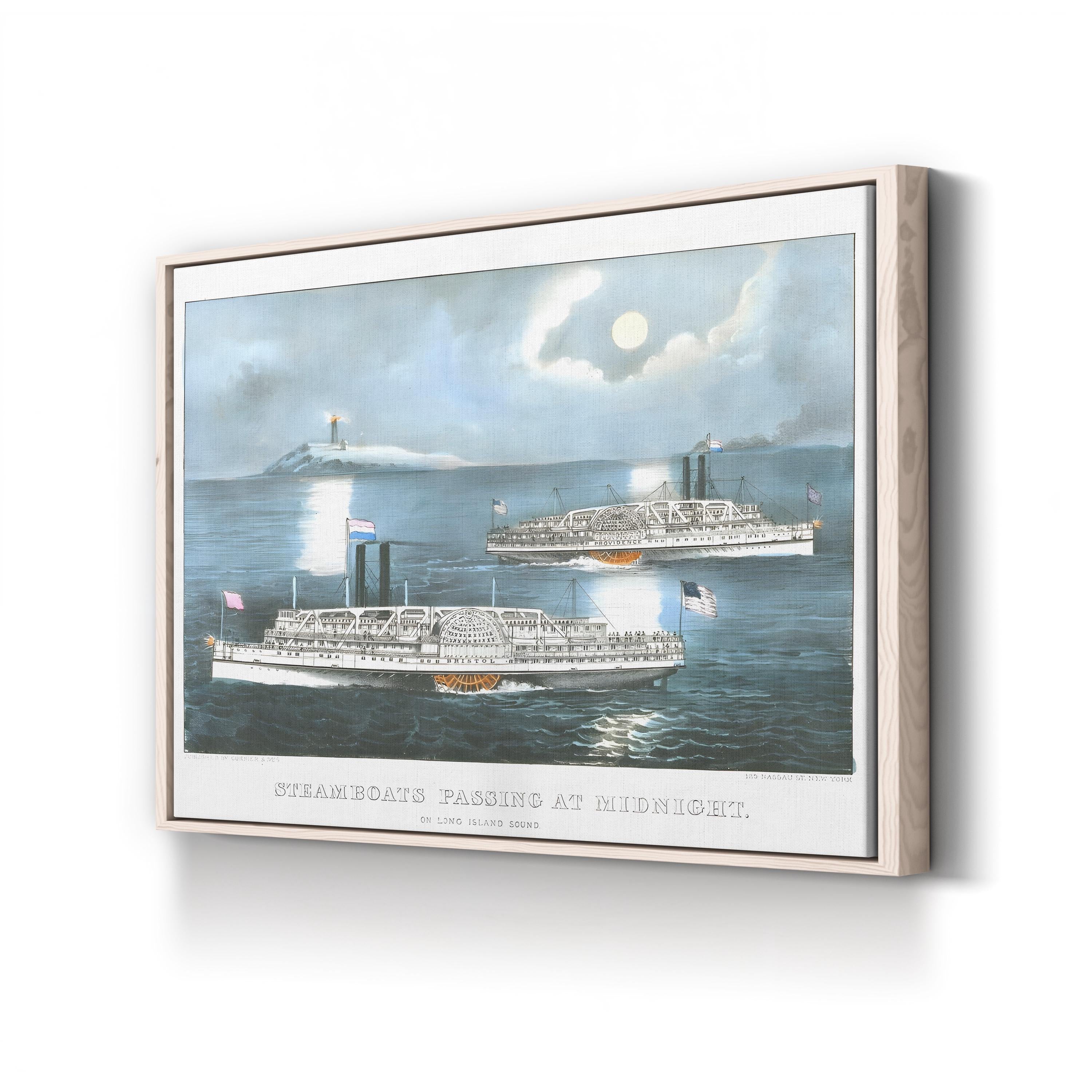 Steamboats on Long Island Sound – Period Illustration Wall Art | Nautical Night Canvas Print