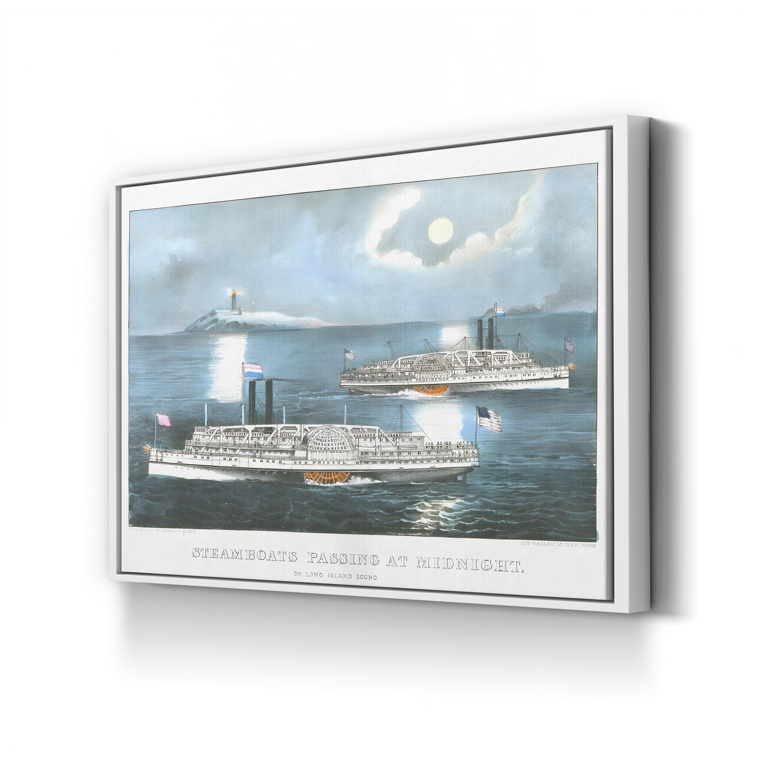 Steamboats on Long Island Sound – Period Illustration Wall Art | Nautical Night Canvas Print