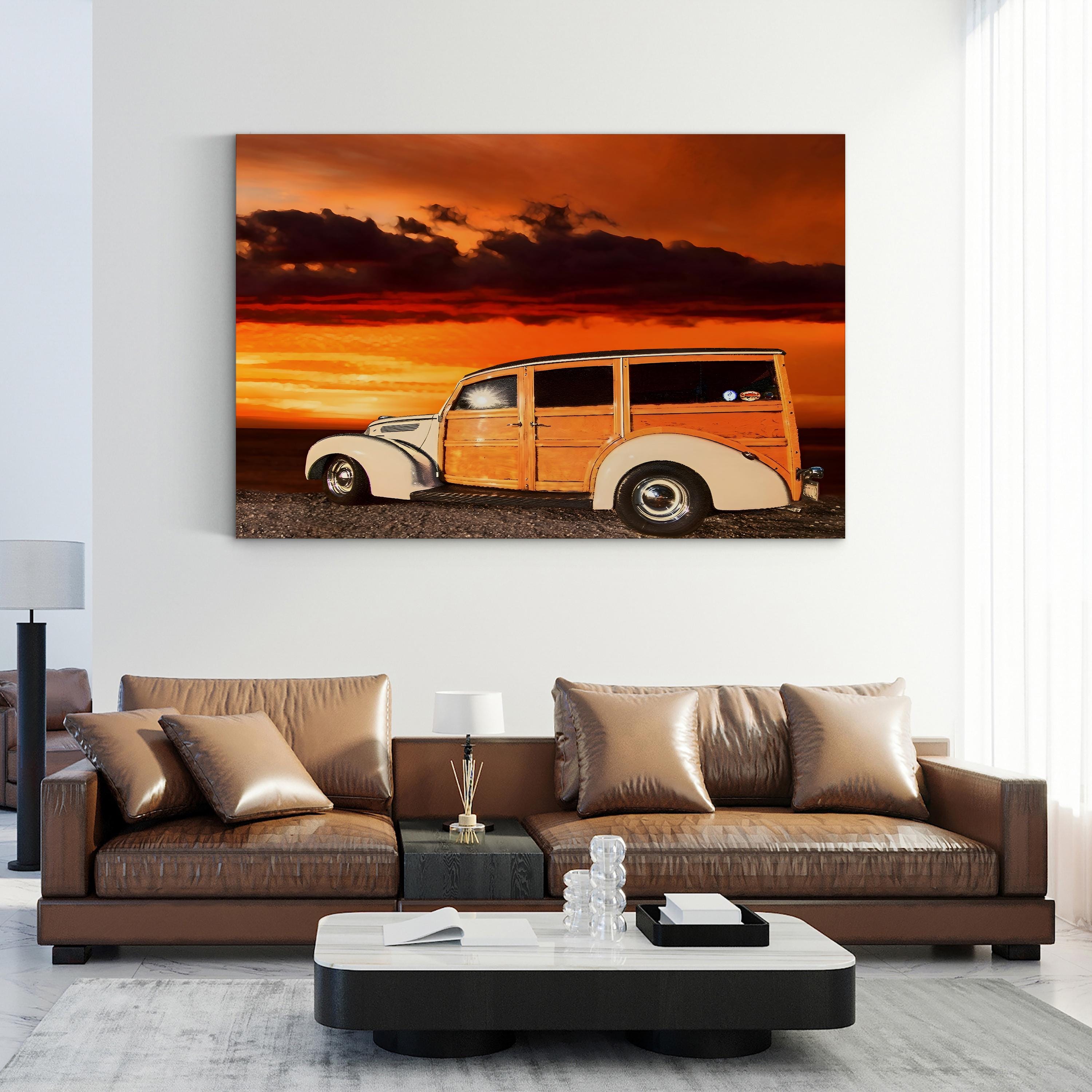 Vintage Woody Wagon Sunset – Vintage Photography Wall Art | Coastal Canvas Print