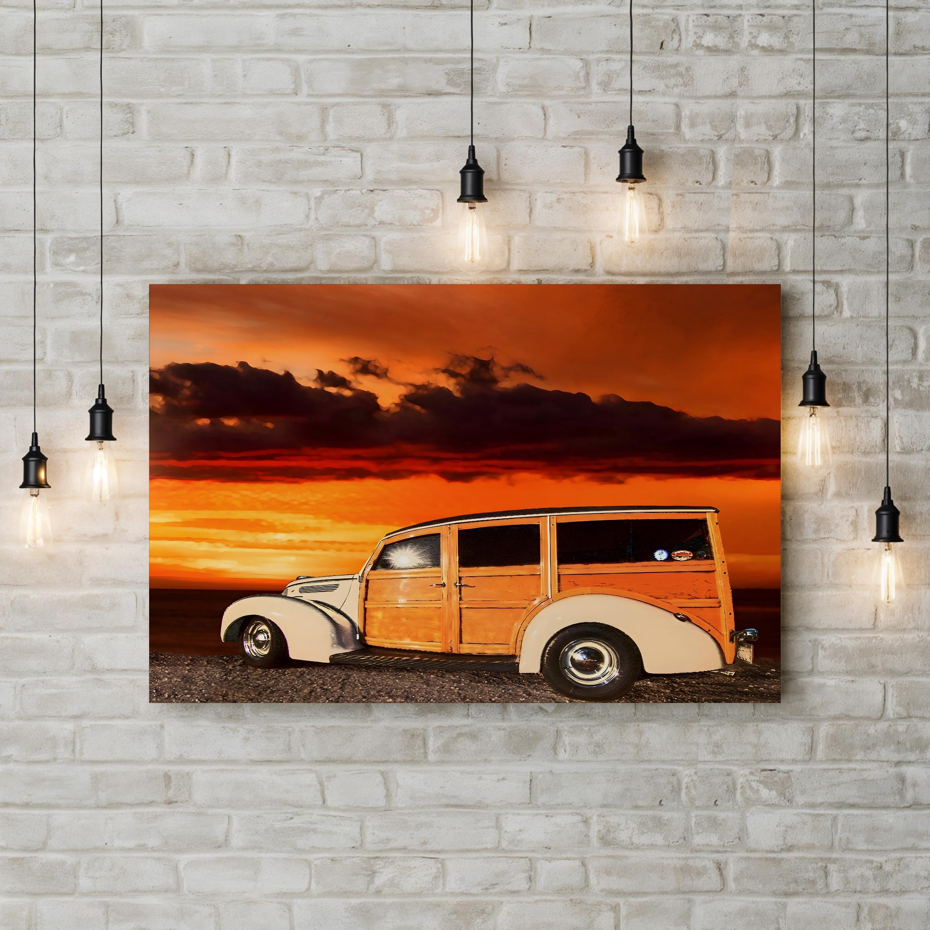 Vintage Woody Wagon Sunset – Vintage Photography Wall Art | Coastal Canvas Print