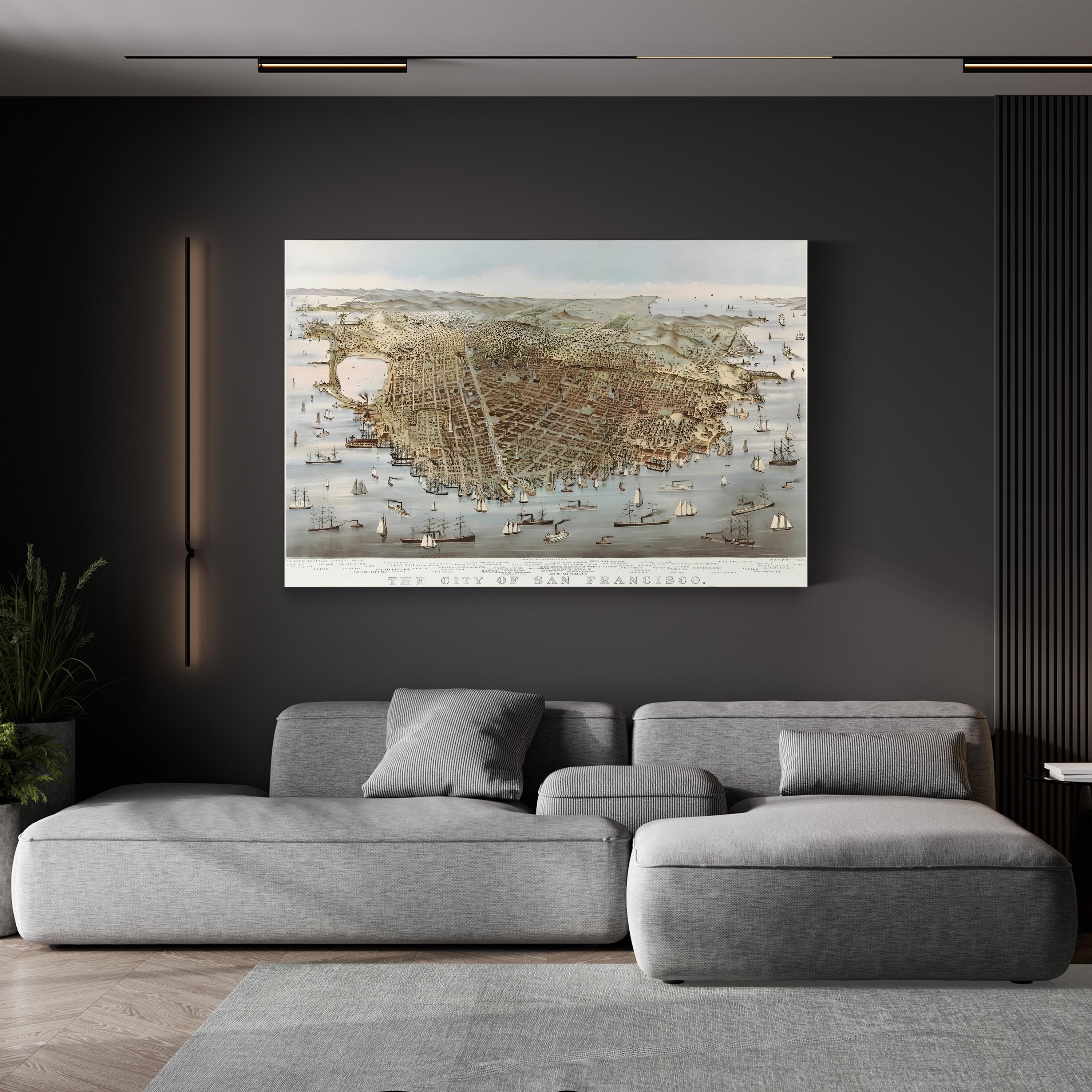 The City of San Francisco, Bird's-Eye View by Charles R. Parsons canvas print, Gallery Canvas edge, displayed above a gray sofa