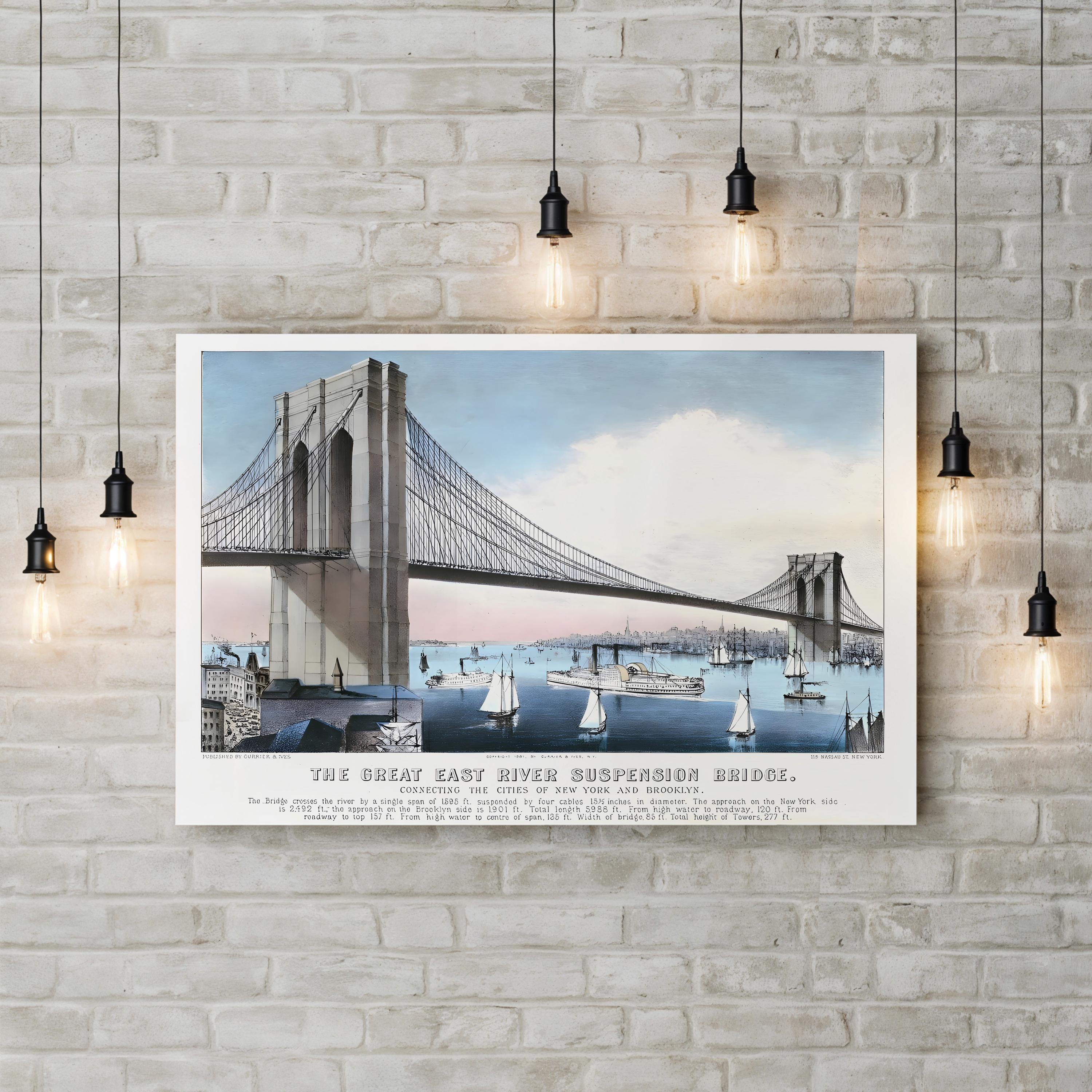 The Great East River Suspension Bridge Connecting the Cities of New York and Brooklyn Wall Art by Currier and Ives – Vintage American Architectural Print