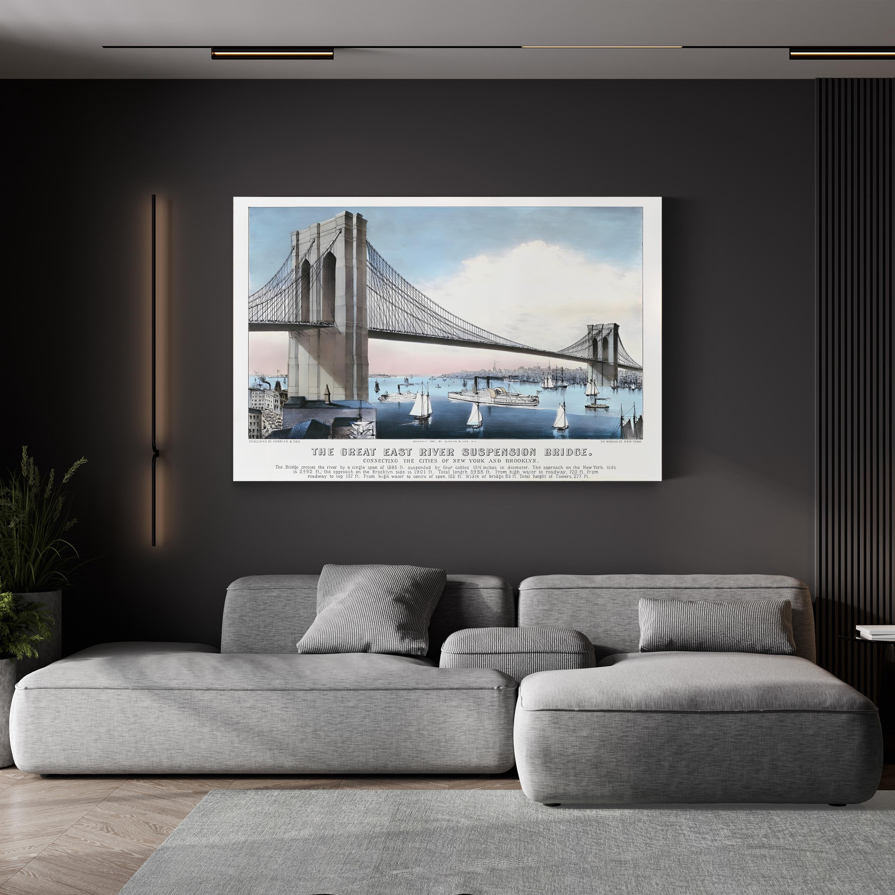 The Great East River Suspension Bridge Connecting the Cities of New York and Brooklyn Wall Art by Currier and Ives – Vintage American Architectural Print