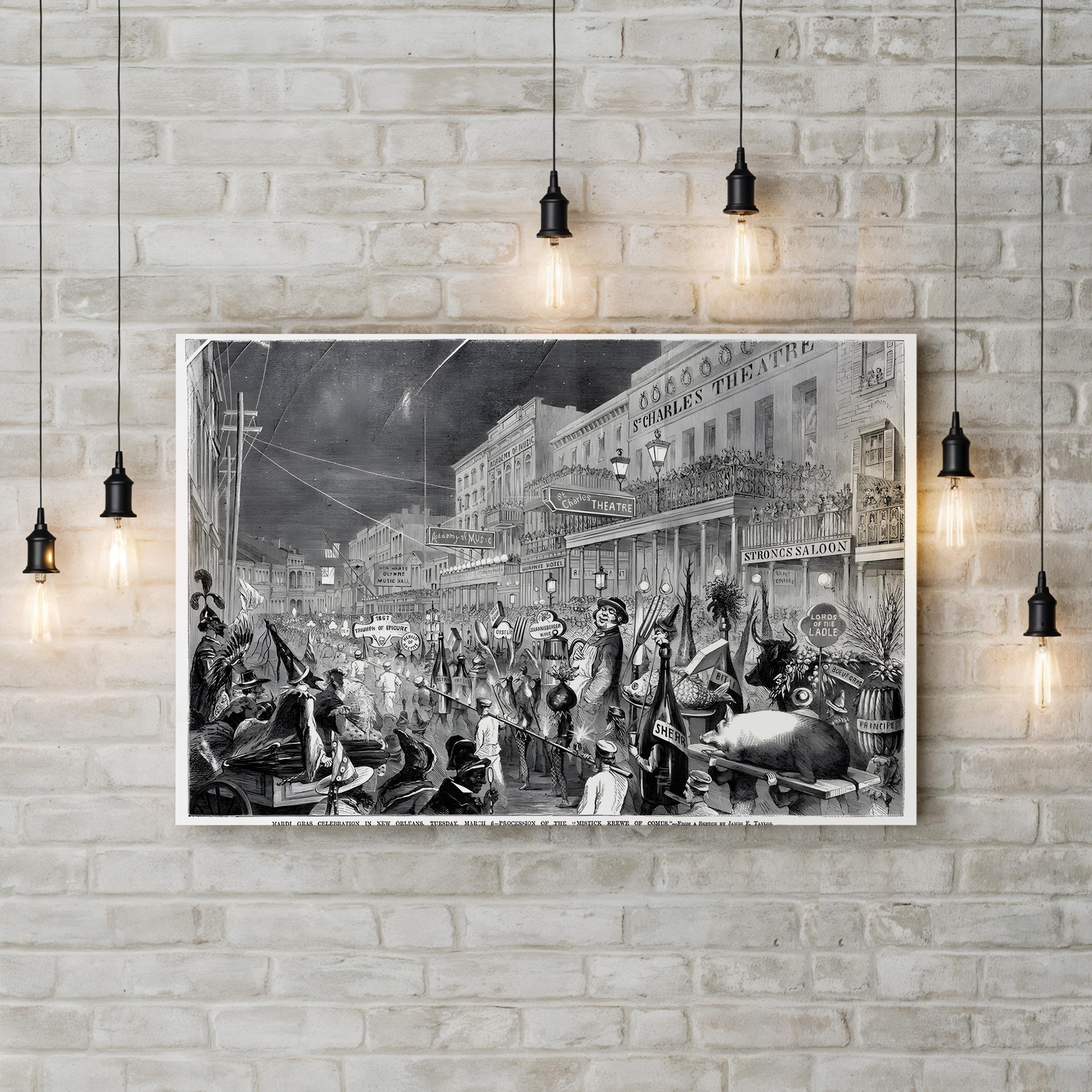 The Mardi Gras Parade in New Orleans, 1867 Wall Art by James E. Taylor – Vintage Historical Illustration Canvas
