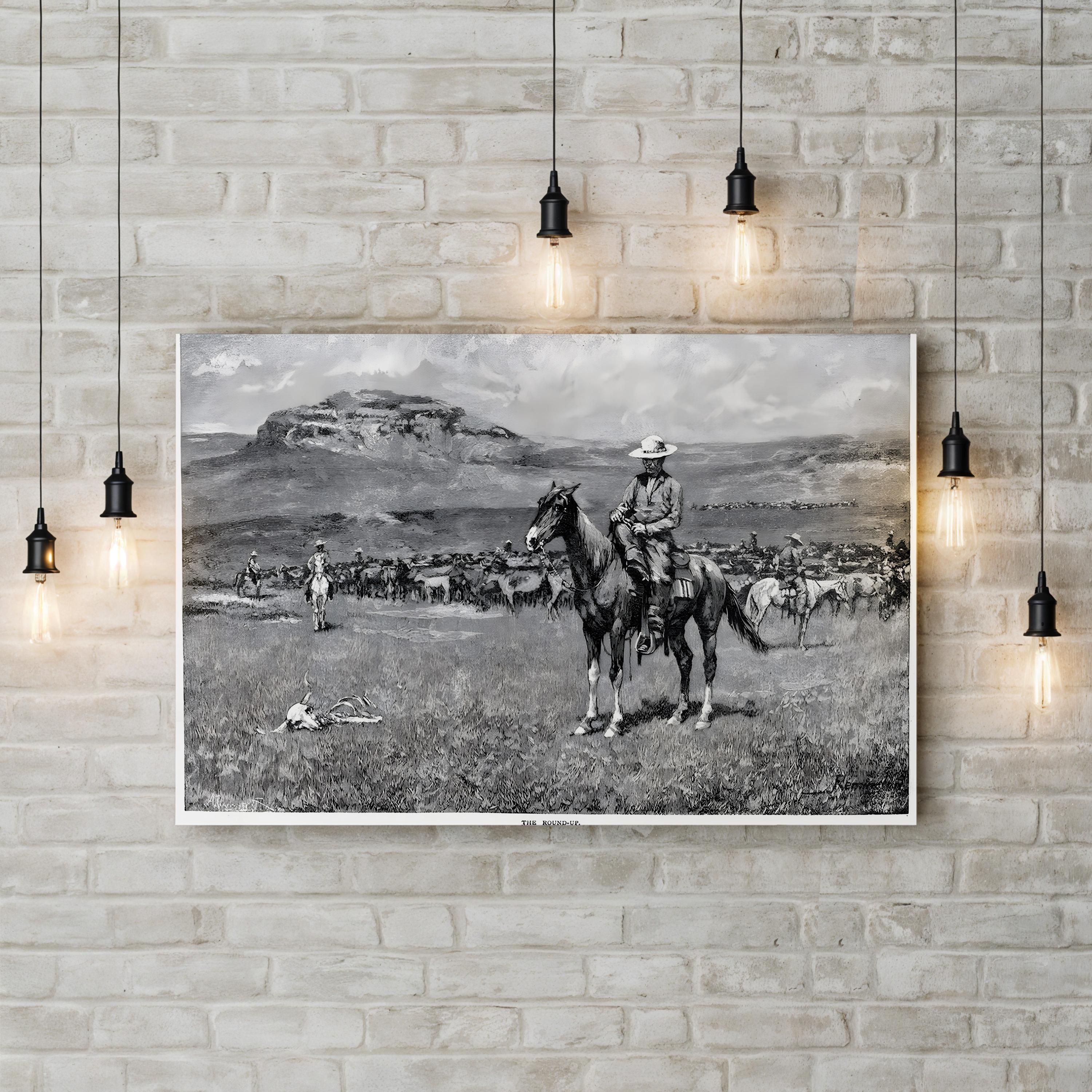 The Round Up 1888 Cowboy – Period Illustration Wall Art | Western Engraving Canvas Print