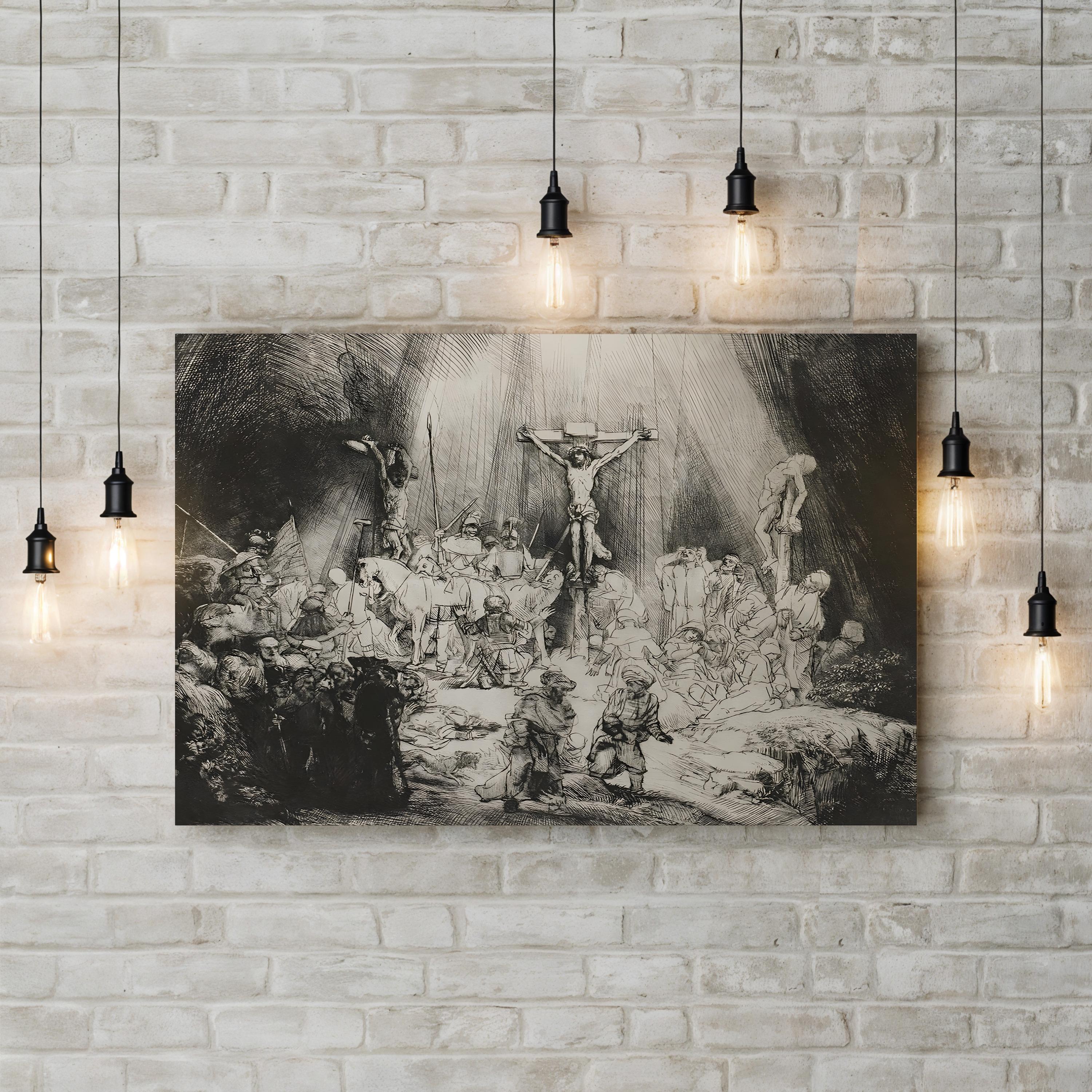 The Three Crosses Wall Art – Rembrandt 1633 Black and White Religious Print