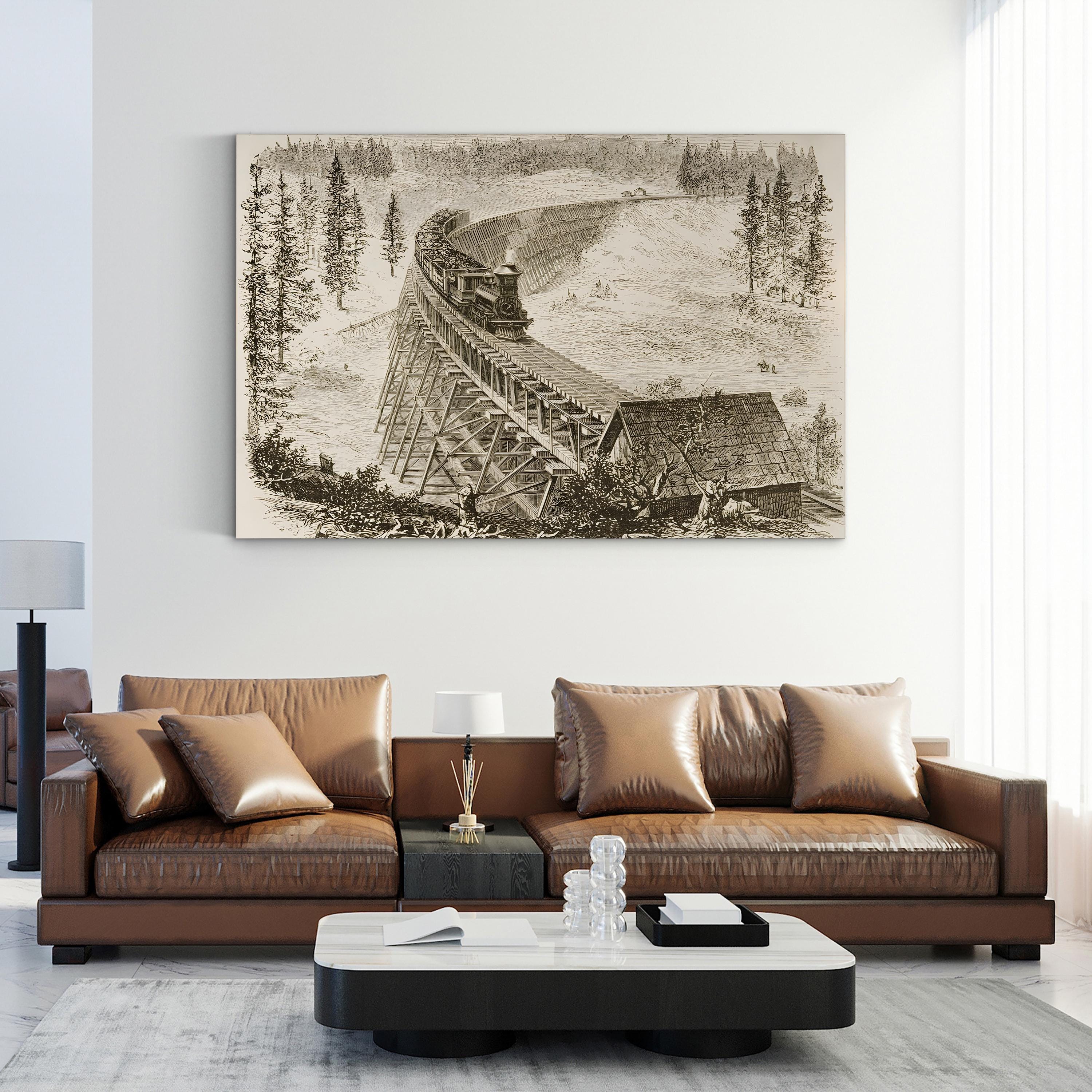 Railroad Trestle Bridge, 1870s – Period Illustration Wall Art | Industrial Landscape Canvas Print