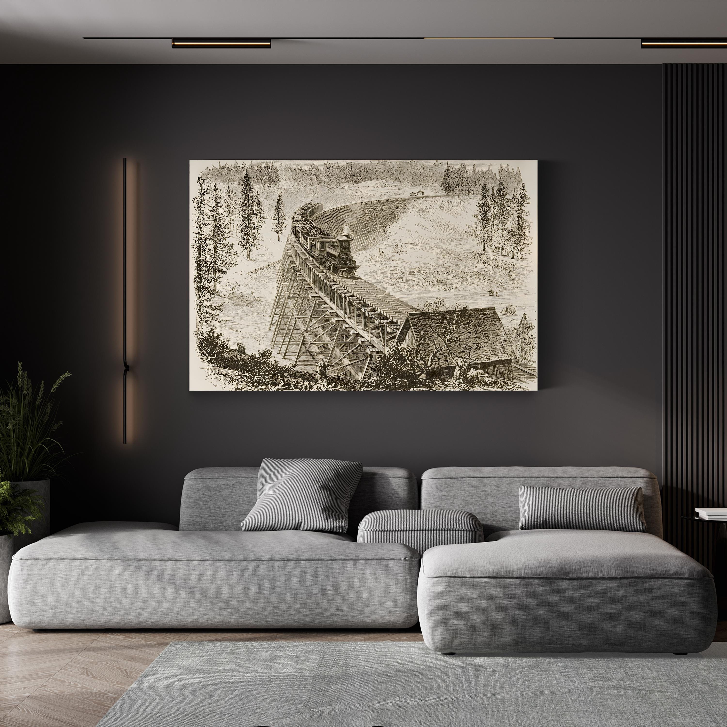 Railroad Trestle Bridge, 1870s – Period Illustration Wall Art | Industrial Landscape Canvas Print