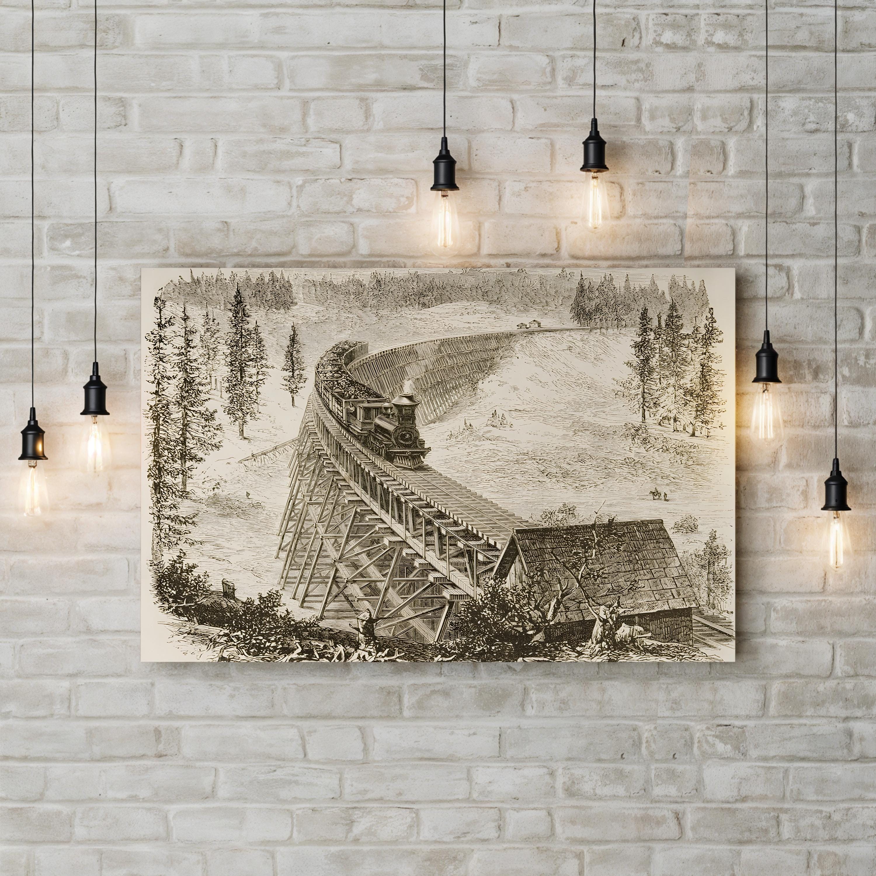 Railroad Trestle Bridge, 1870s – Period Illustration Wall Art | Industrial Landscape Canvas Print