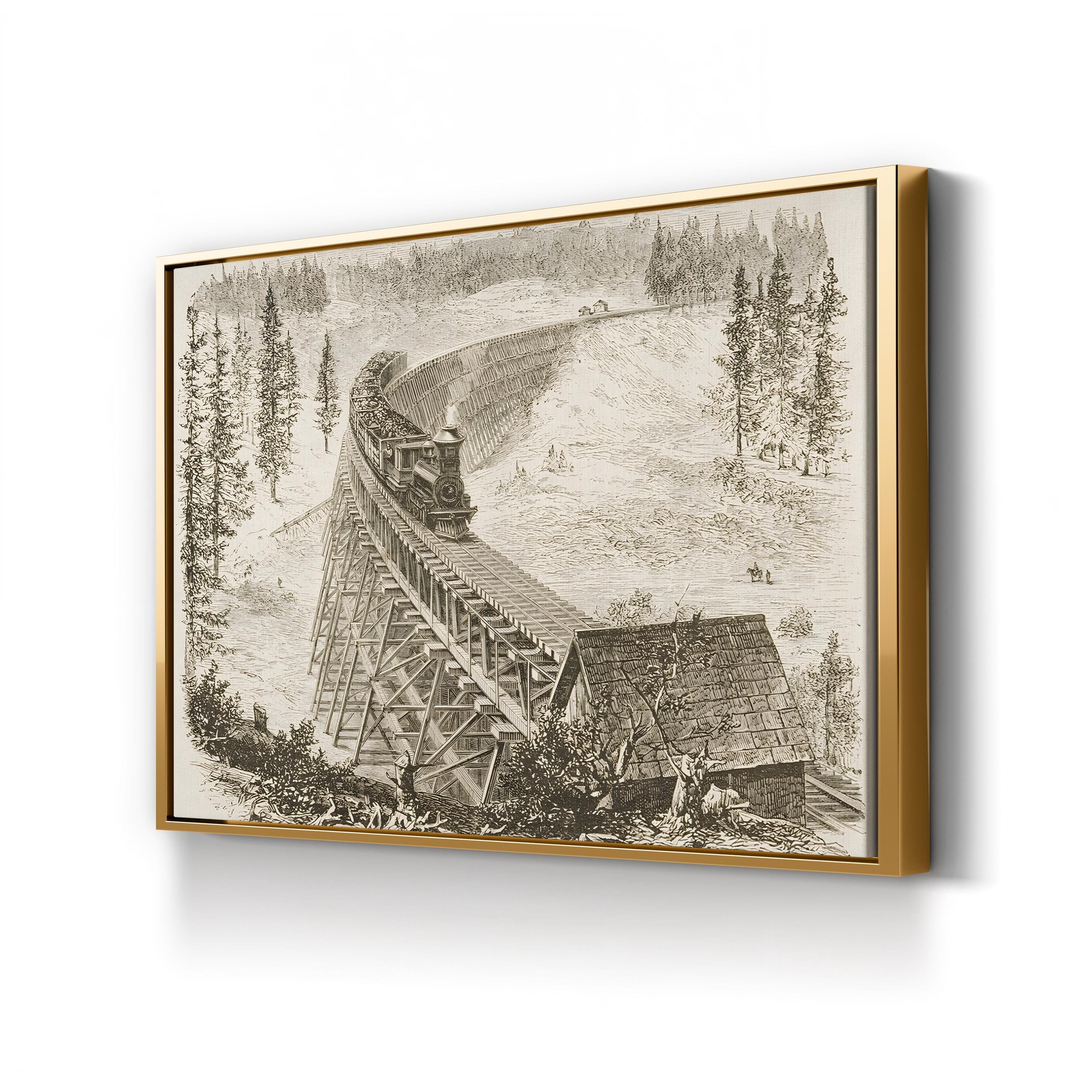 Railroad Trestle Bridge, 1870s – Period Illustration Wall Art | Industrial Landscape Canvas Print