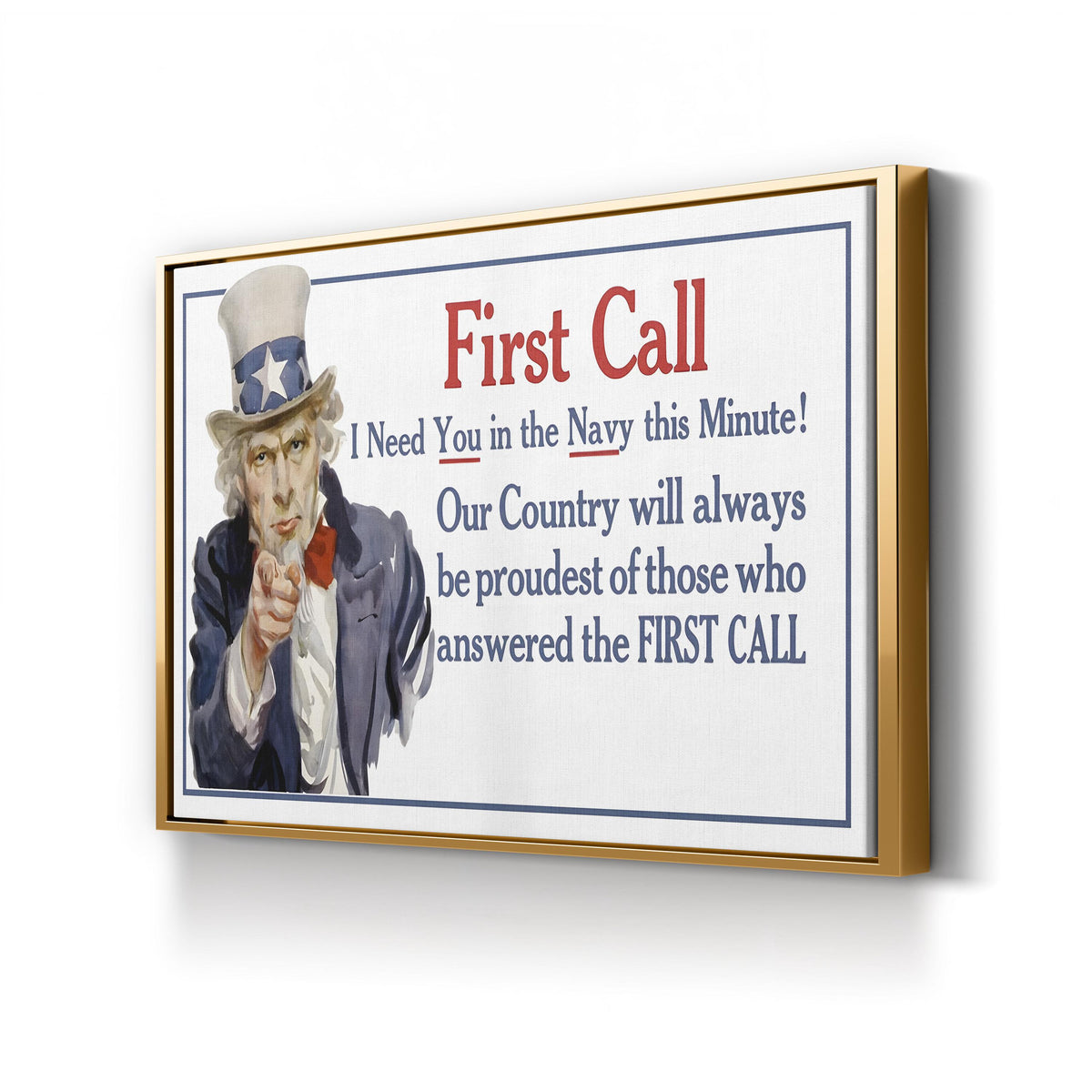 Uncle Sam WWII Patriotic Poster – Period Illustration Wall Art | Vintage Canvas Print canvas print in Gold Framed Canvas