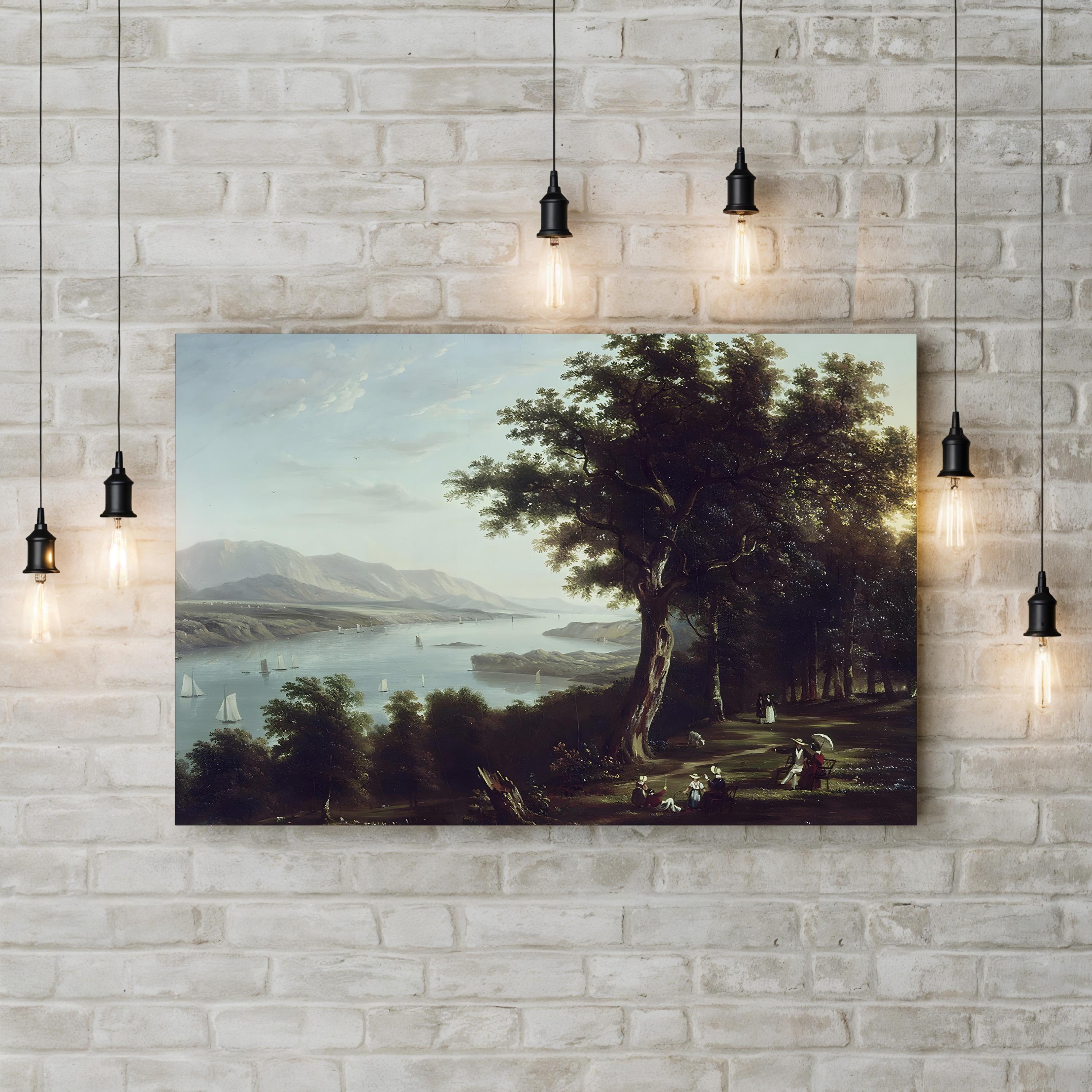 View From Hyde Park on the Hudson River (c.1836) – Framed Vintage Landscape Canvas Art by William Henry Bartlett