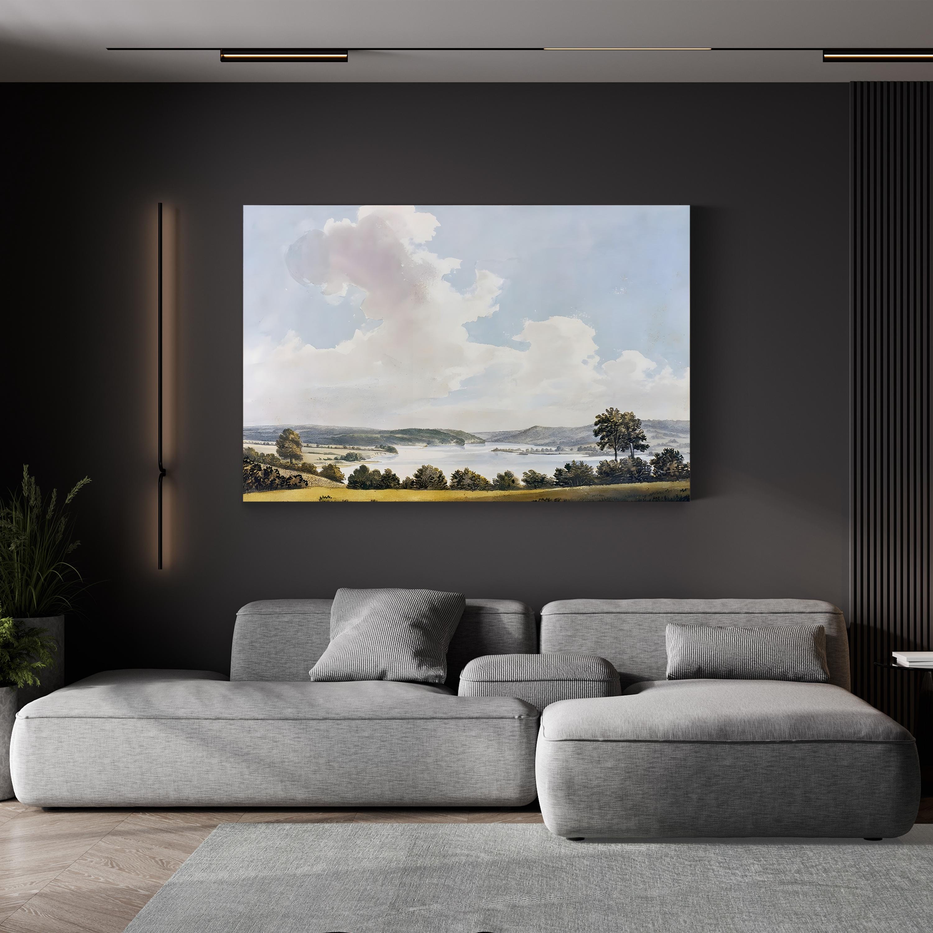 River Through Rolling Hills – Period Illustration Wall Art | Serene Landscape Canvas Print