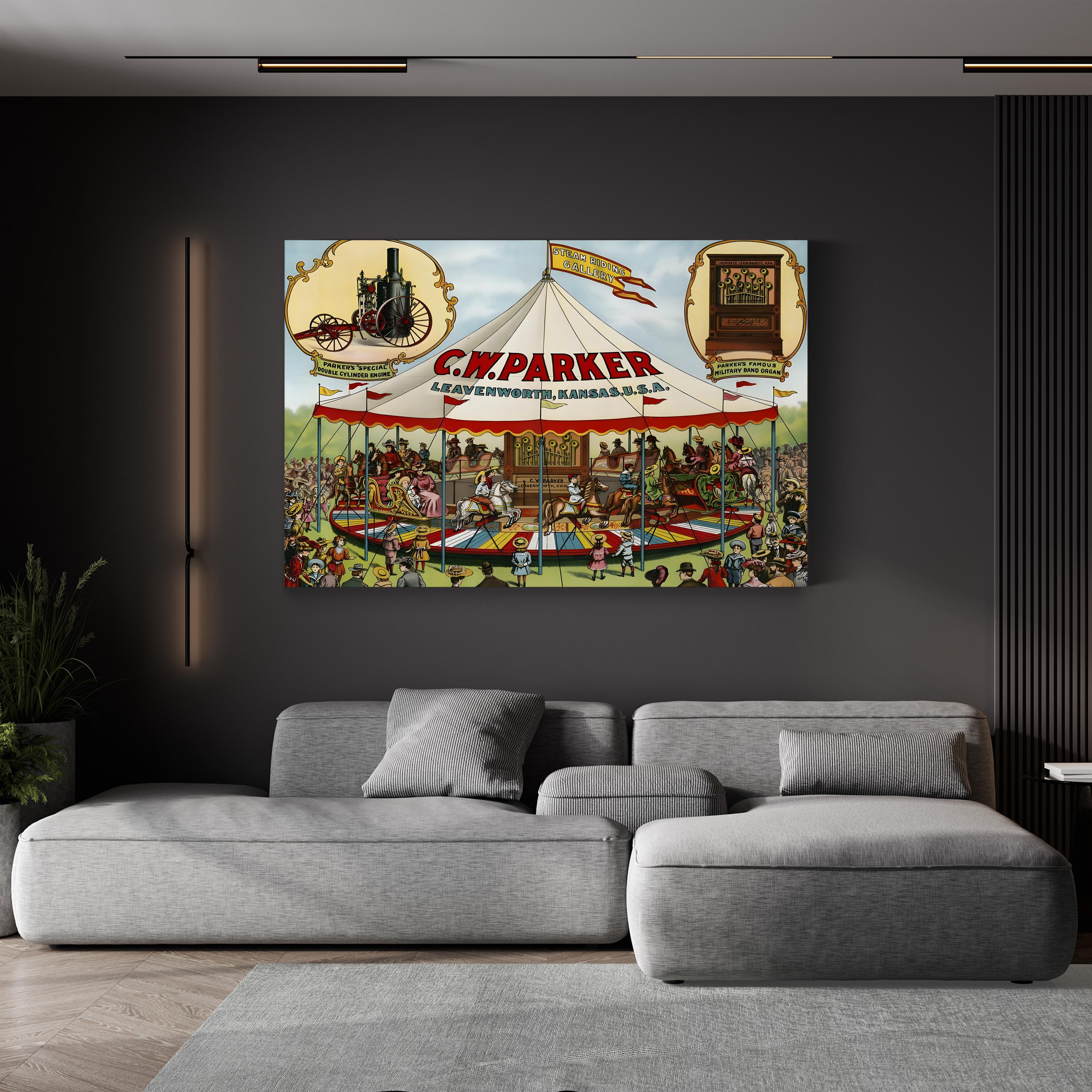Steam Riding Vintage Carousel Scene by C.W. Parker