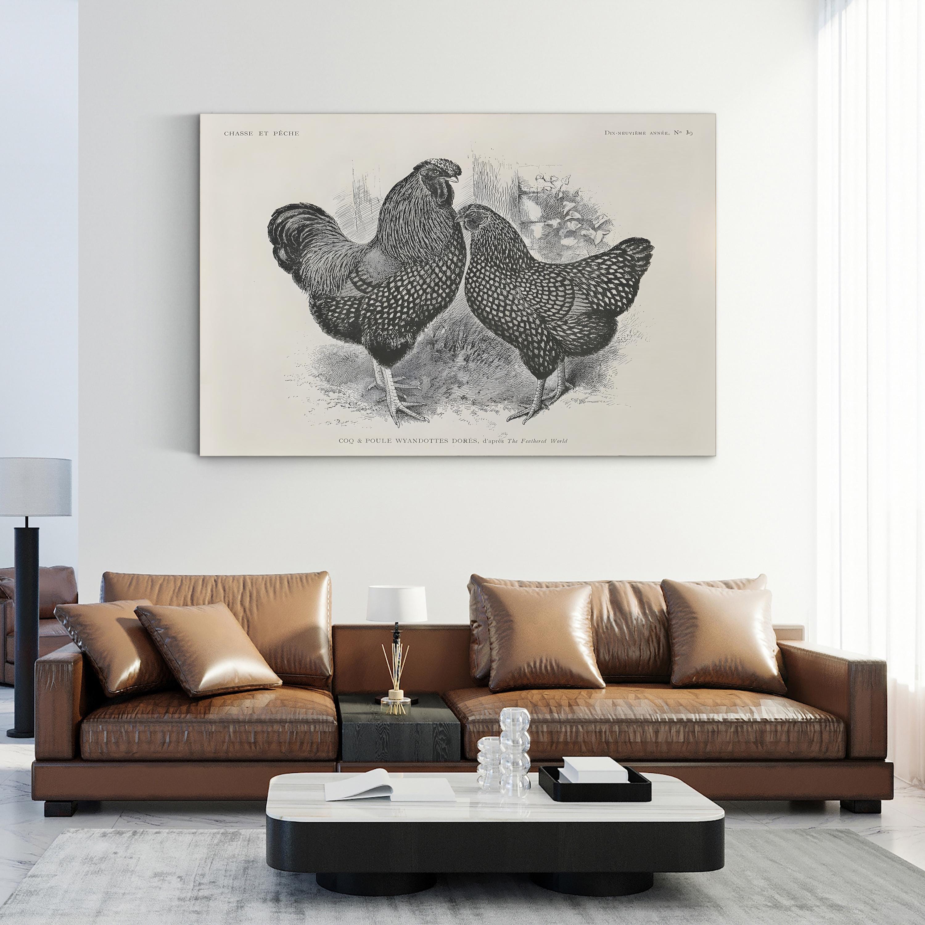 Farmhouse Rooster & Chickens – Period Illustration Wall Art | Black & White Etching Canvas Print