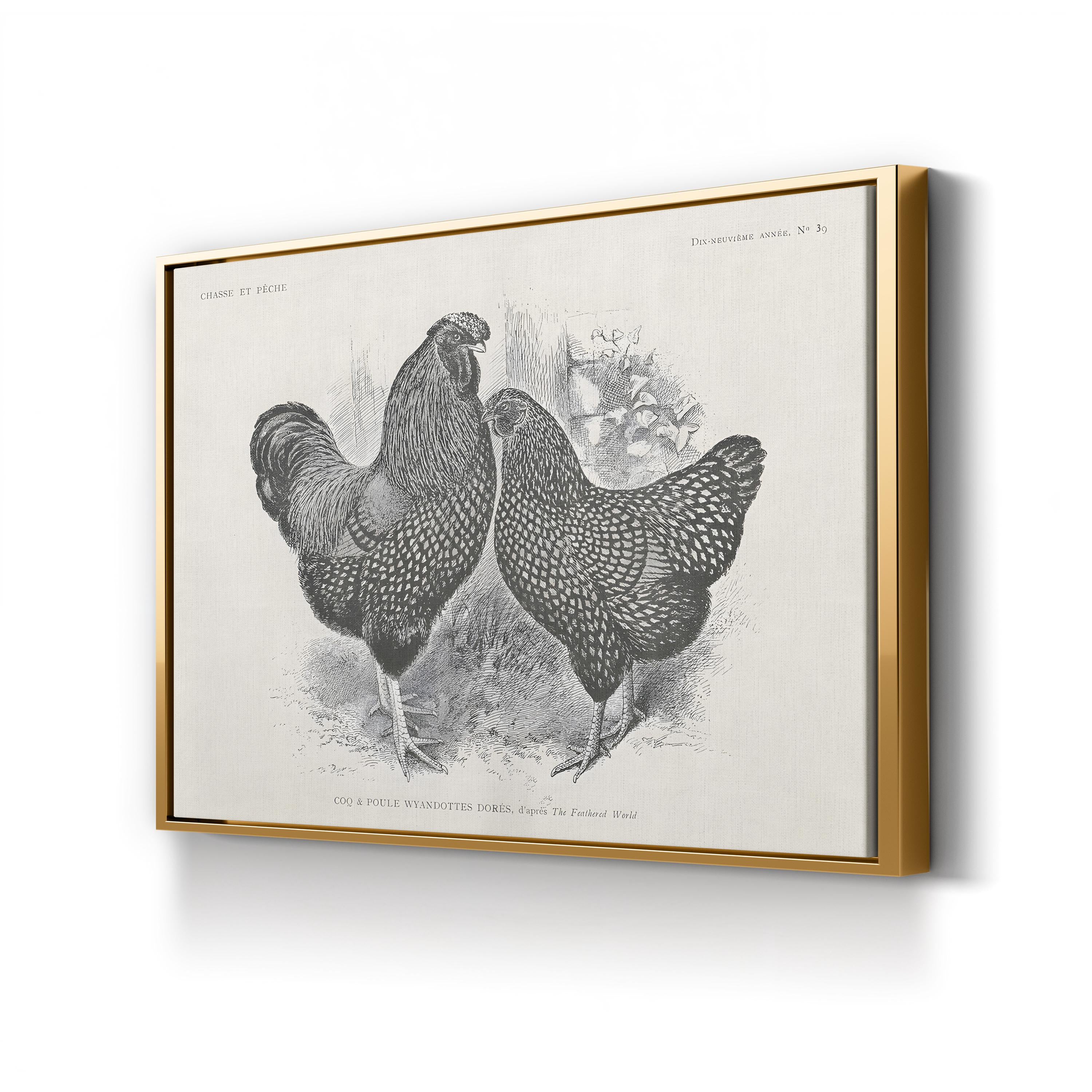 Farmhouse Rooster & Chickens – Period Illustration Wall Art | Black & White Etching Canvas Print