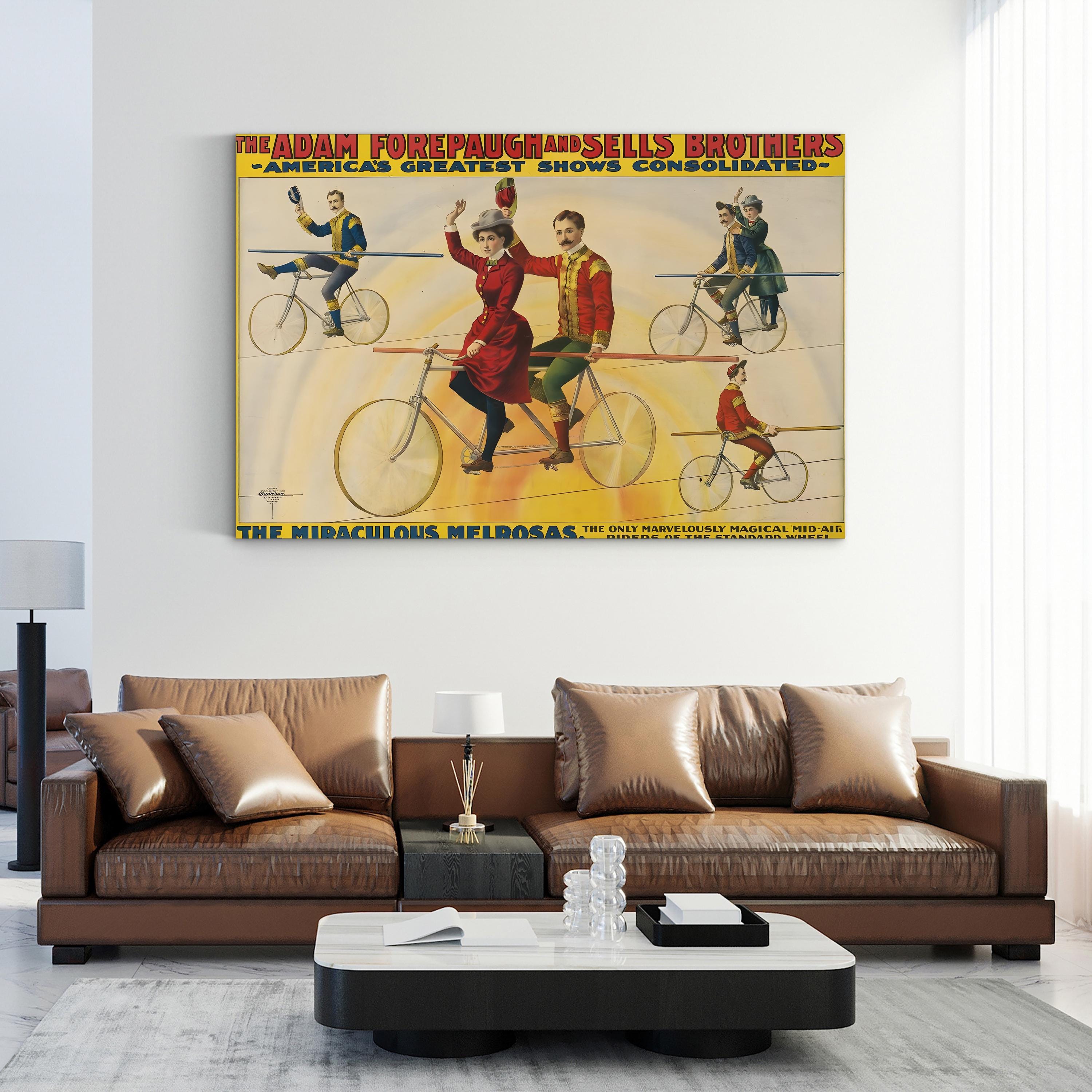 Vintage Bicycle Circus Poster: Acrobat Cycling Performance Illustration